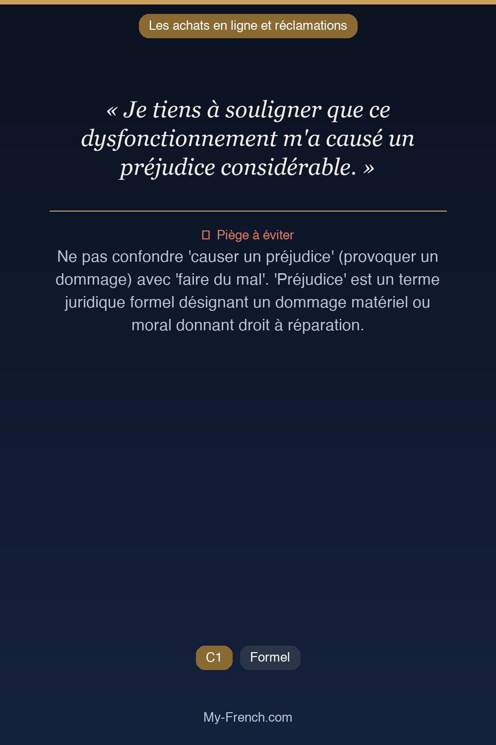 Phrase de français professionnel : Je tiens à souligner que ce dysfonctionnement m'a causé un préjudice considérable.