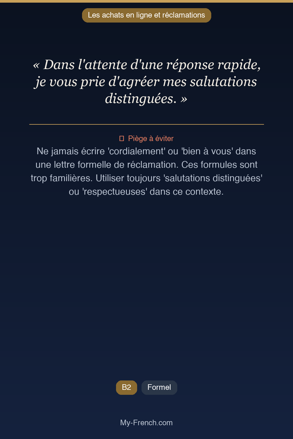 Phrase de français professionnel : Dans l'attente d'une réponse rapide, je vous prie d'agréer mes salutations distinguées.