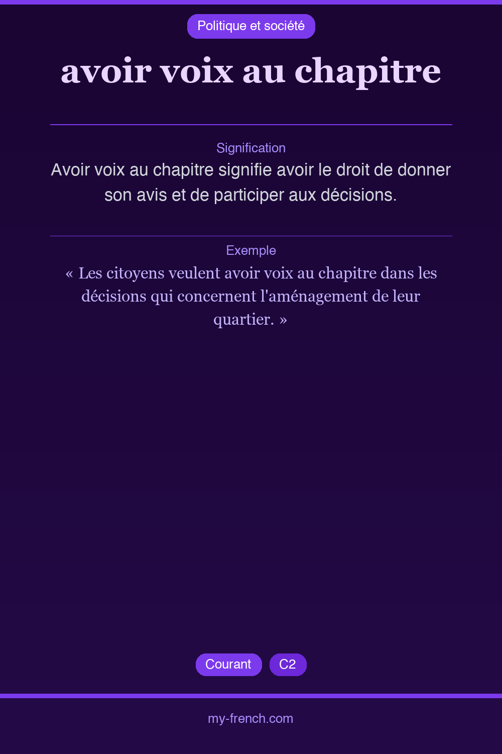 Expression idiomatique : avoir voix au chapitre