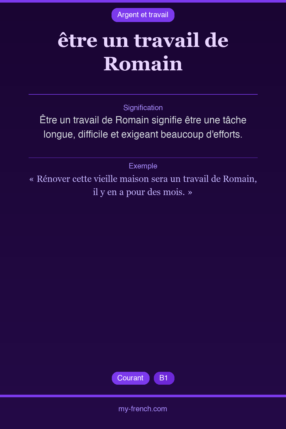 Expression idiomatique : être un travail de Romain