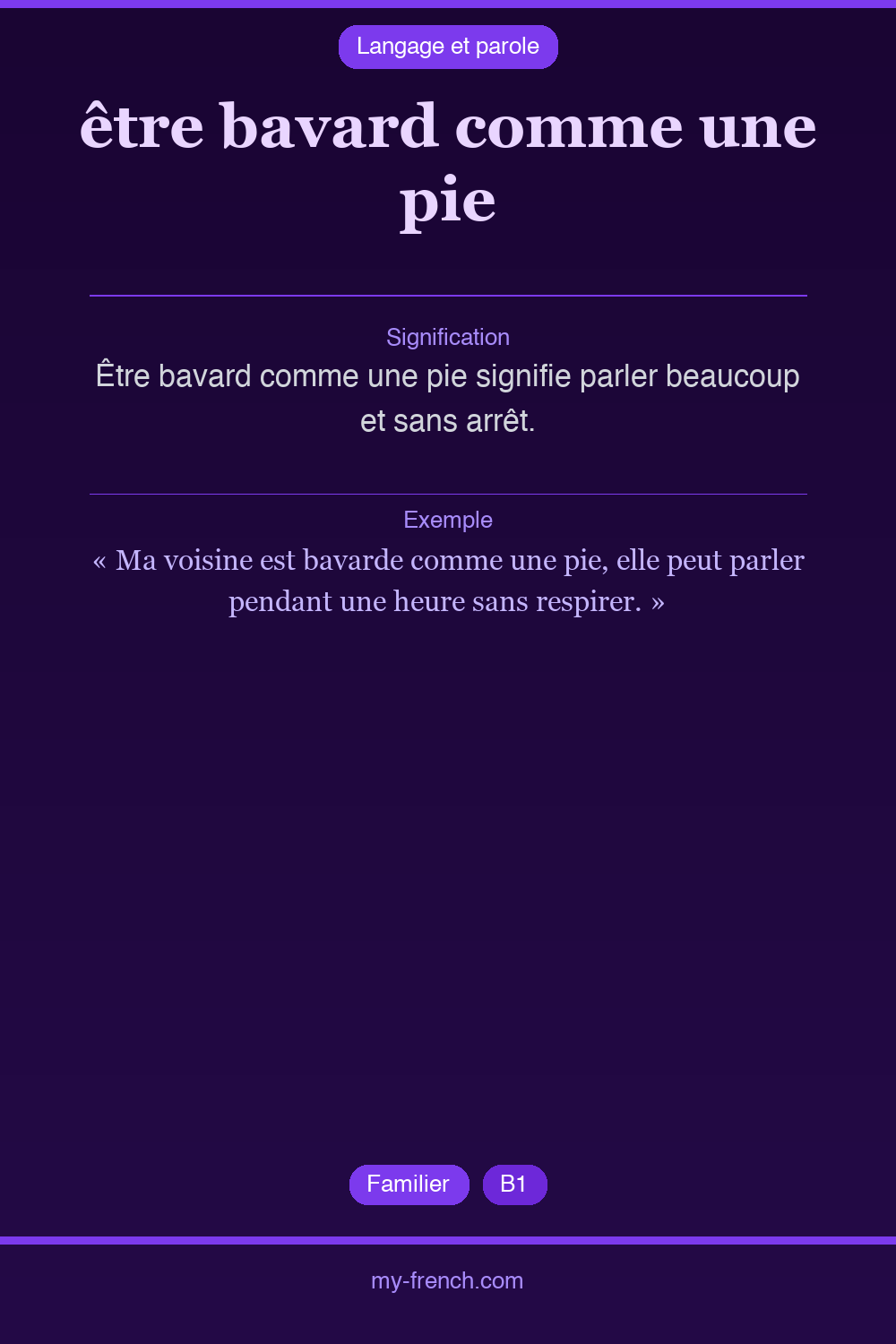 Expression idiomatique : être bavard comme une pie