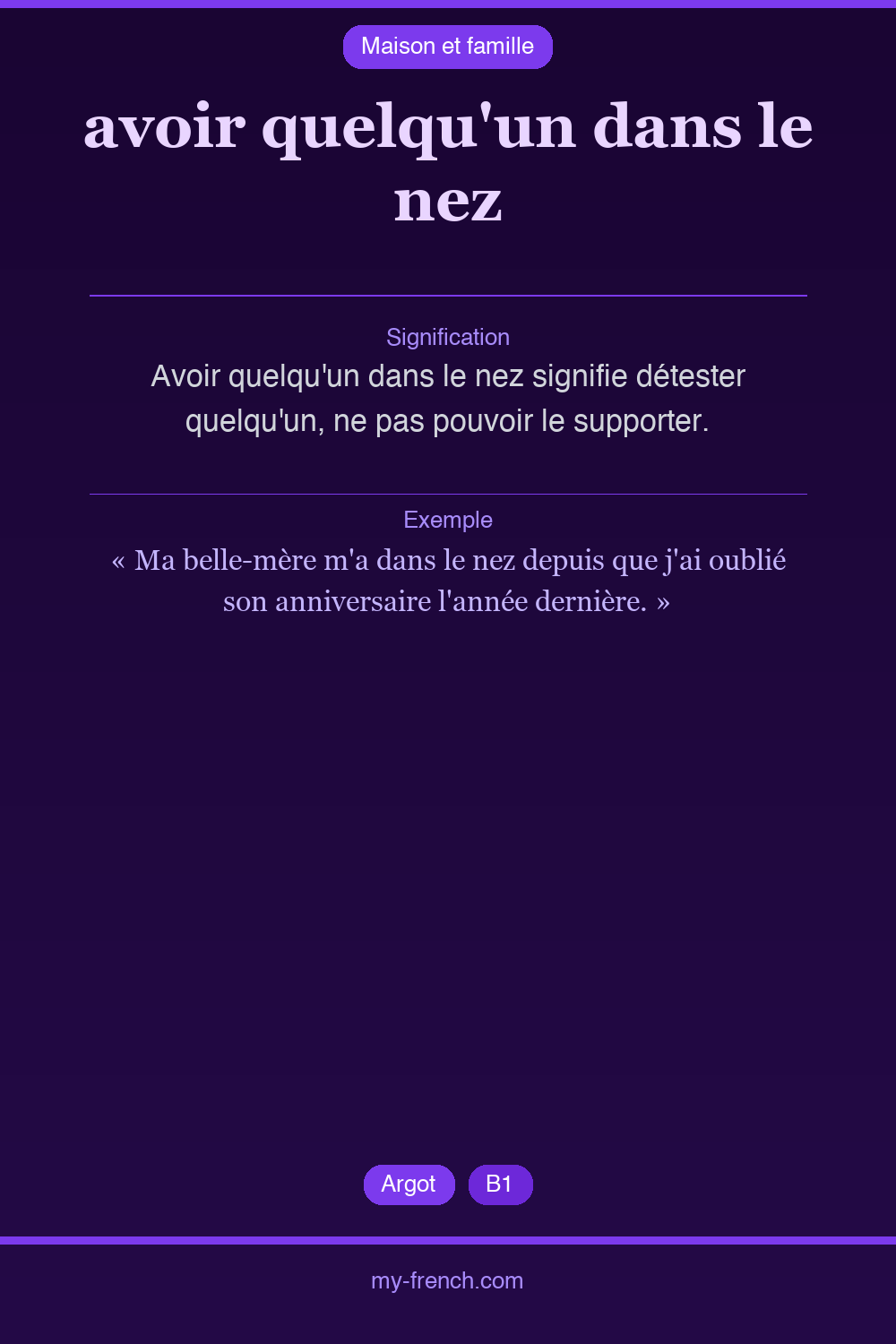 Expression idiomatique : avoir quelqu'un dans le nez