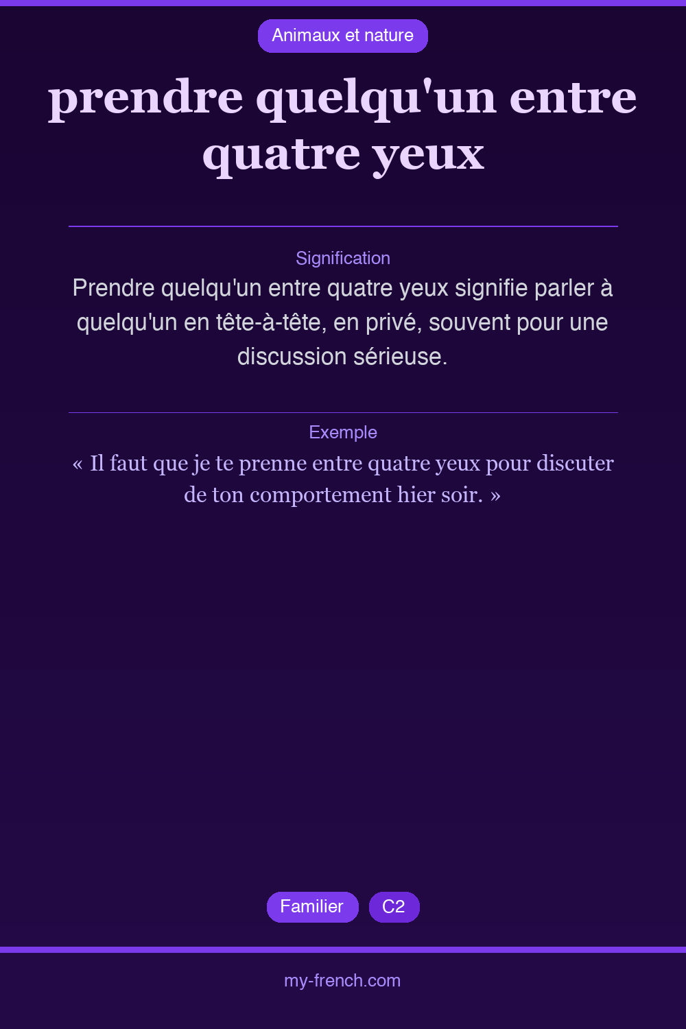 Expression idiomatique : prendre quelqu'un entre quatre yeux