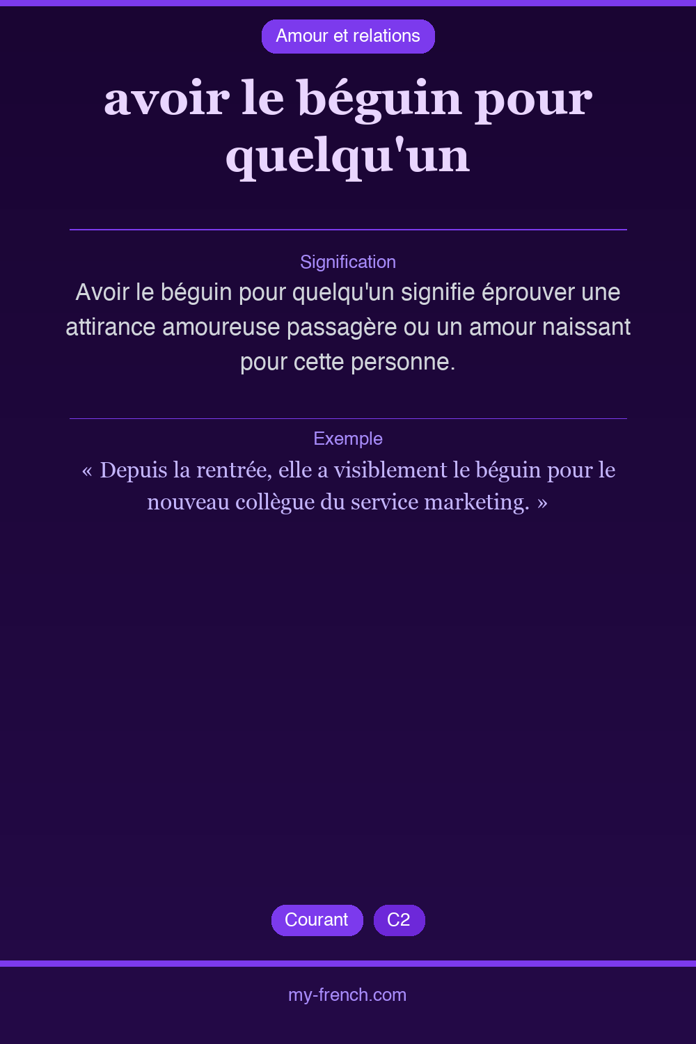 Expression idiomatique : avoir le béguin pour quelqu'un