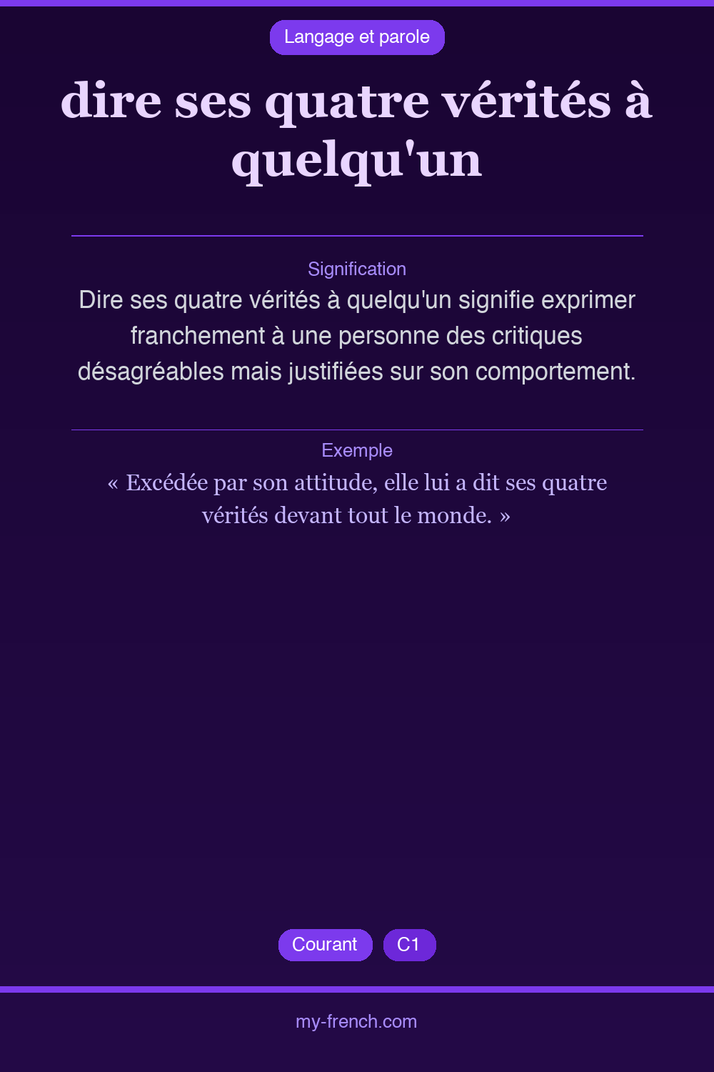Expression idiomatique : dire ses quatre vérités à quelqu'un
