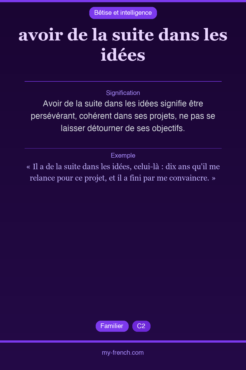 Expression idiomatique : avoir de la suite dans les idées