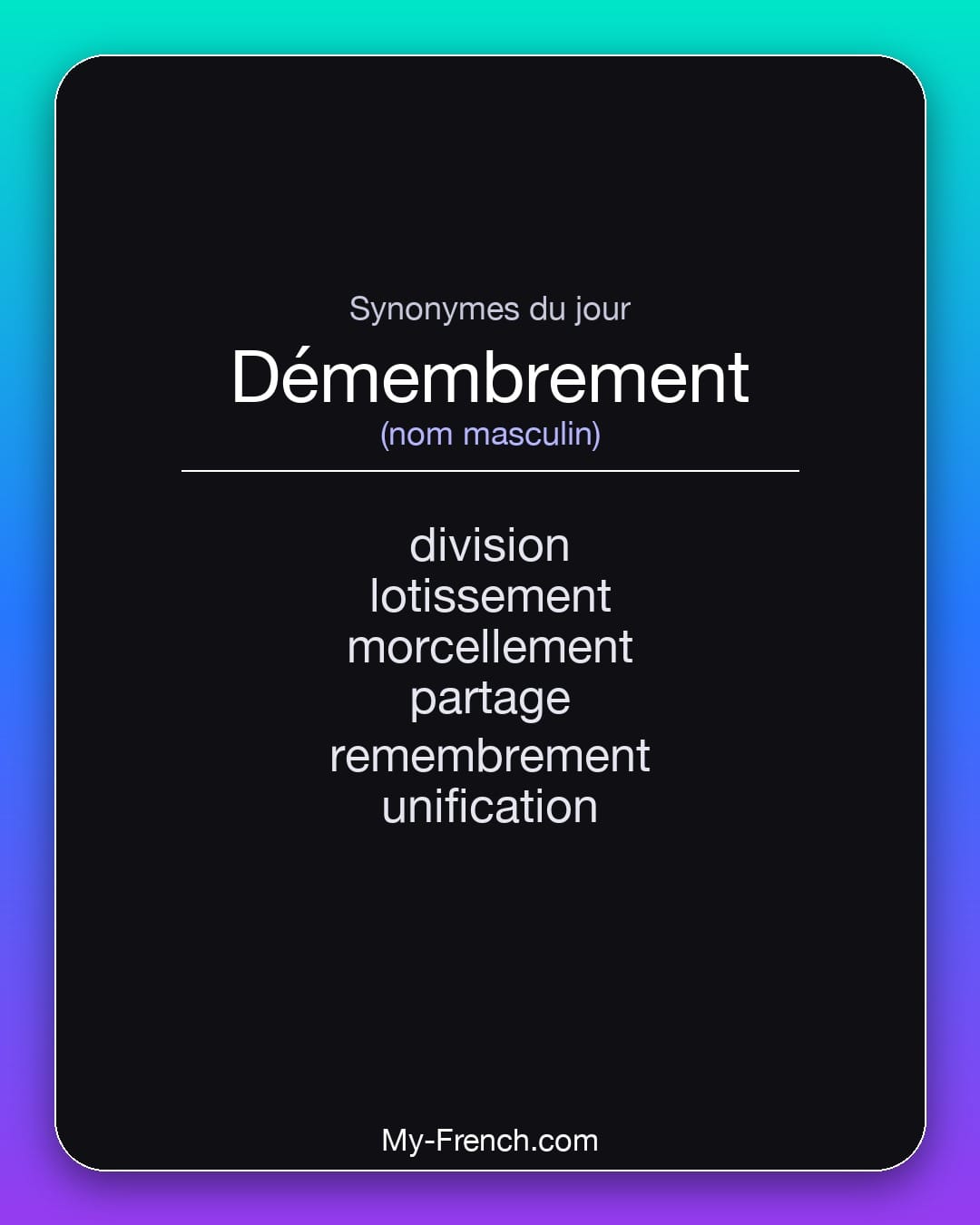 Synonymes de démembrement : division, lotissement, morcellement, partage, remembrement, unification
