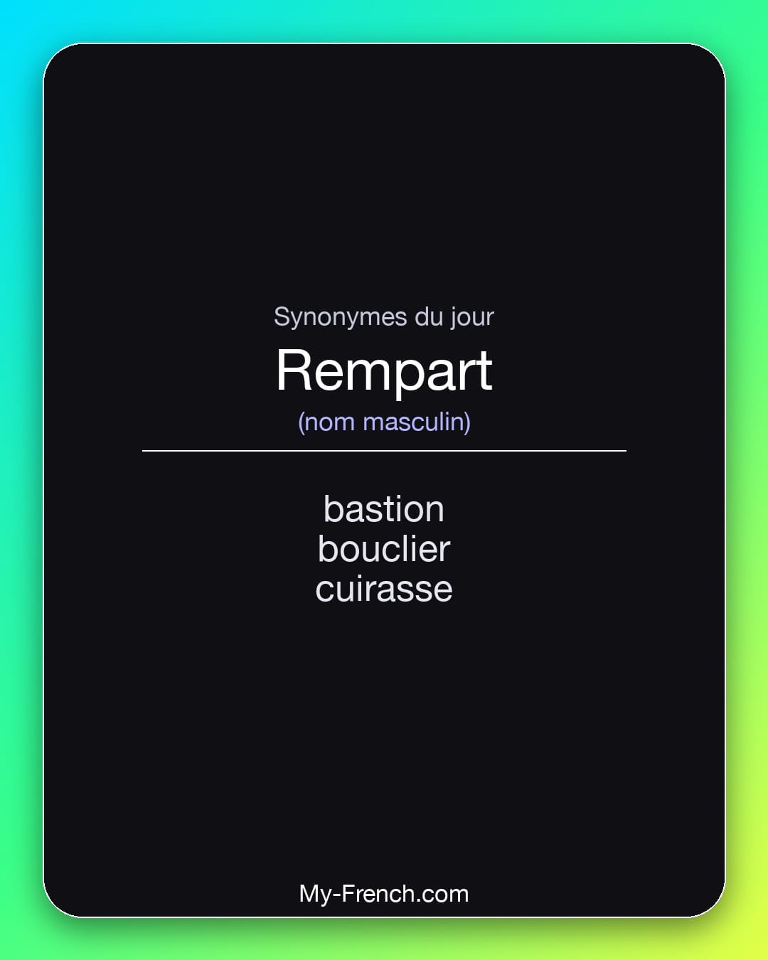 Synonymes de rempart : bastion, bouclier, cuirasse