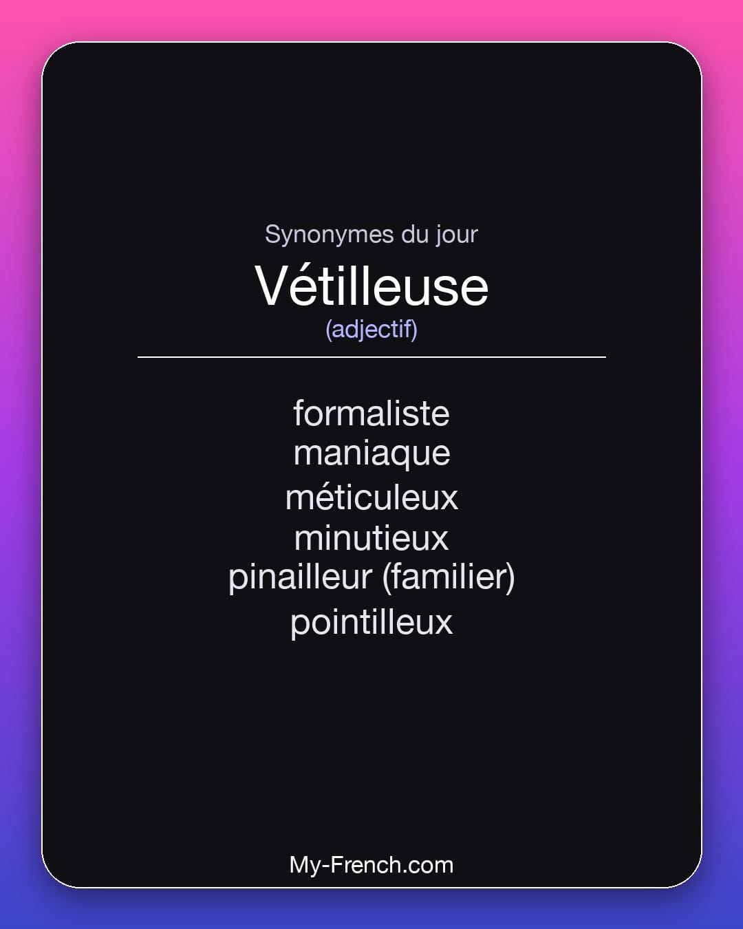 Synonymes de vétilleuse : formaliste, maniaque, méticuleux, minutieux, pinailleur (familier), pointilleux