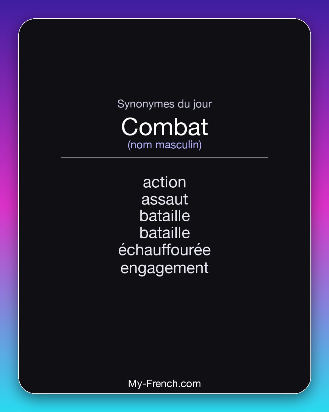 Synonymes de combat : action, assaut, bataille, bataille, échauffourée, engagement