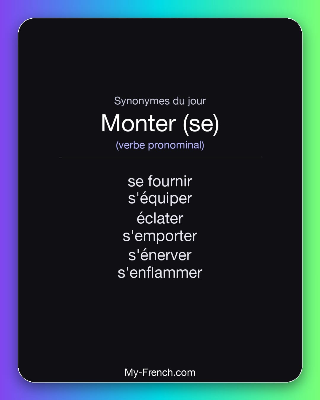 Synonymes de monter (se) : se fournir, s'équiper, éclater, s'emporter, s'énerver, s'enflammer