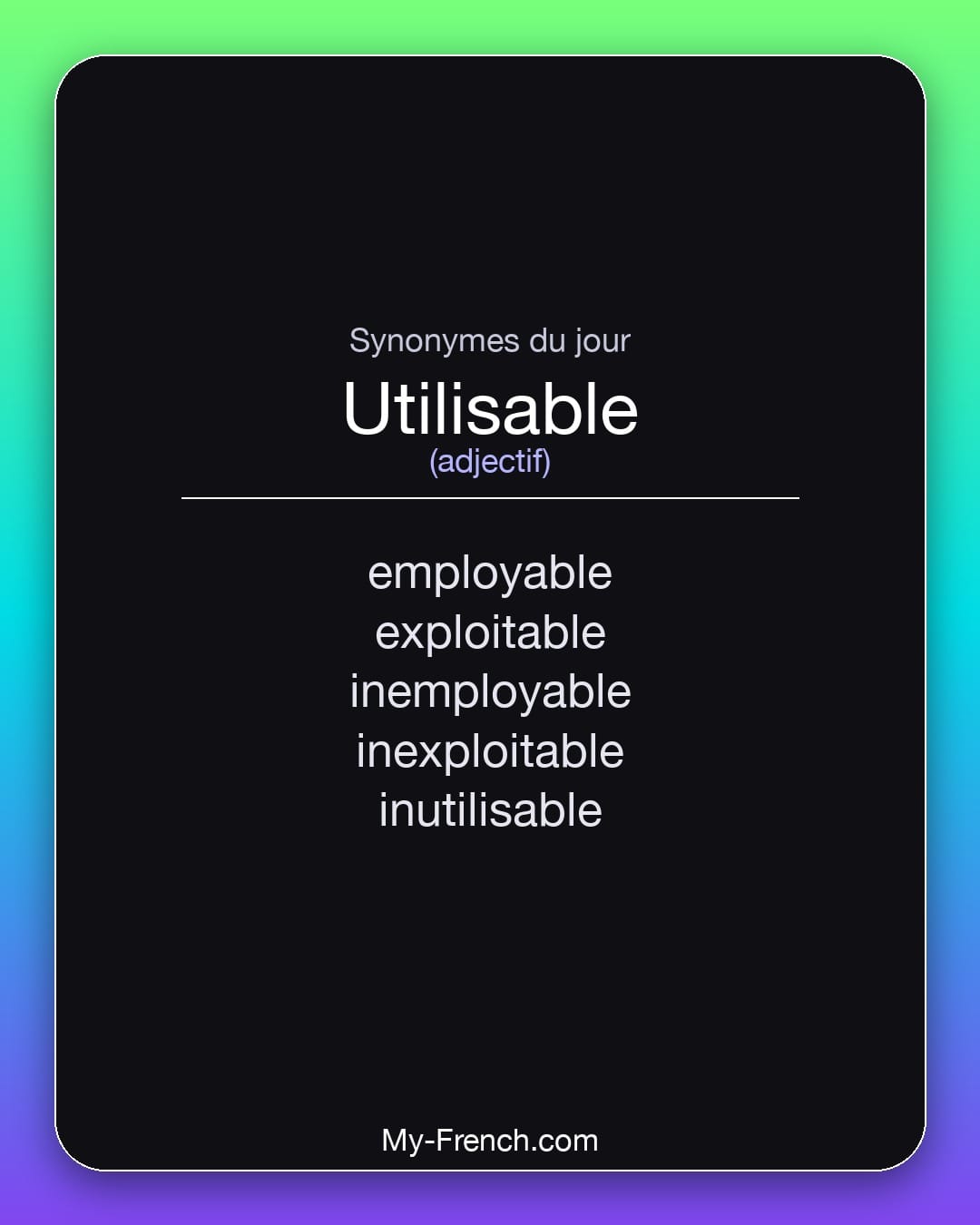 Synonymes de utilisable : employable, exploitable, inemployable, inexploitable, inutilisable