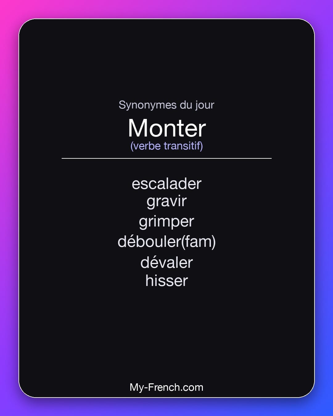Synonymes de monter : escalader, gravir, grimper, débouler(fam), dévaler, hisser