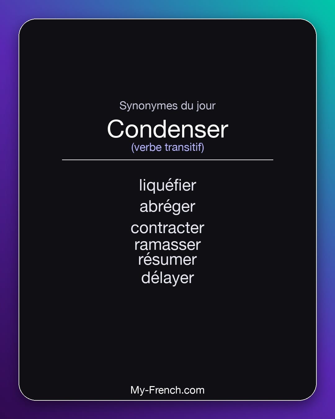 Synonymes de condenser : liquéfier, abréger, contracter, ramasser, résumer, délayer