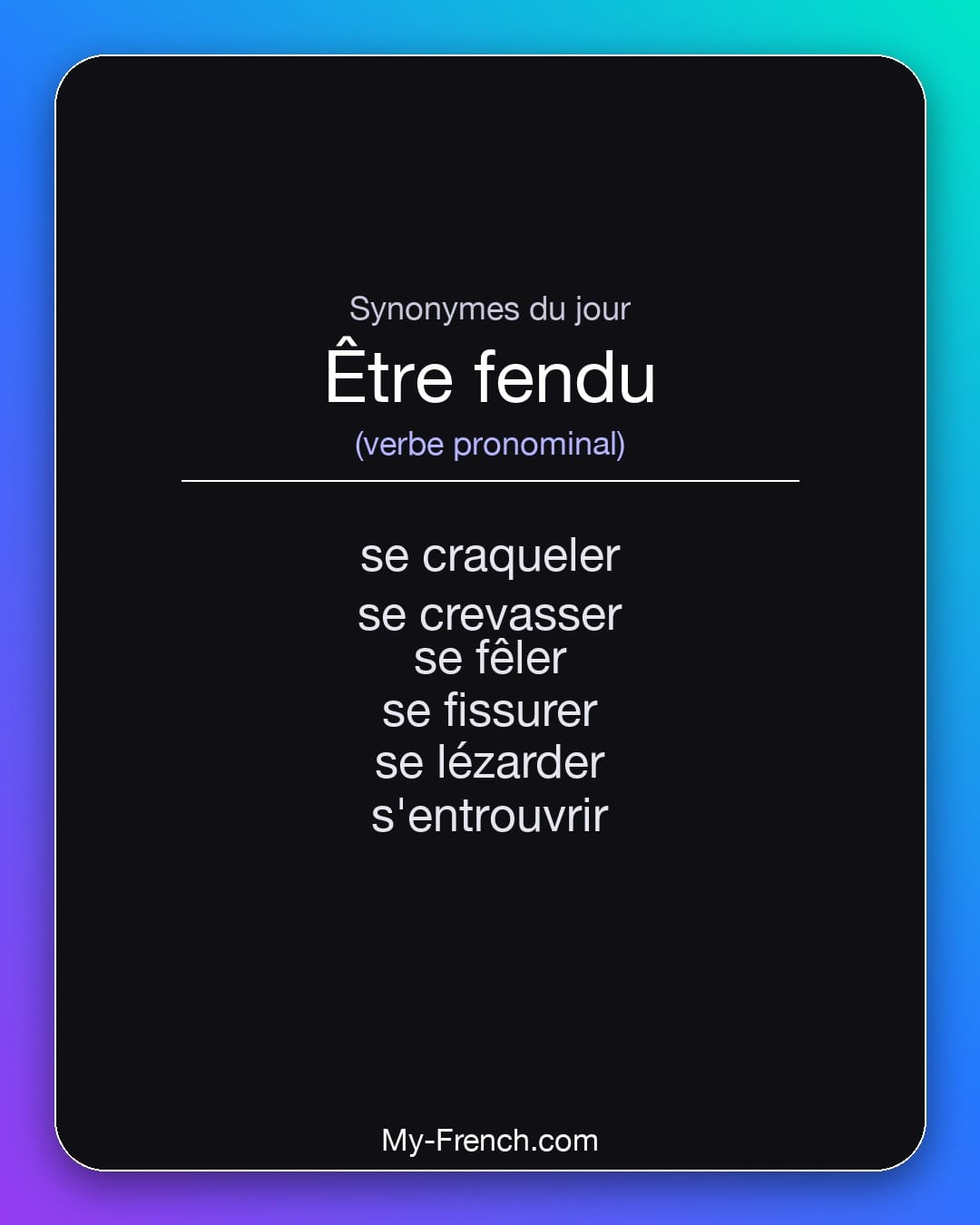 Synonymes de être fendu : se craqueler, se crevasser, se fêler, se fissurer, se lézarder, s'entrouvrir