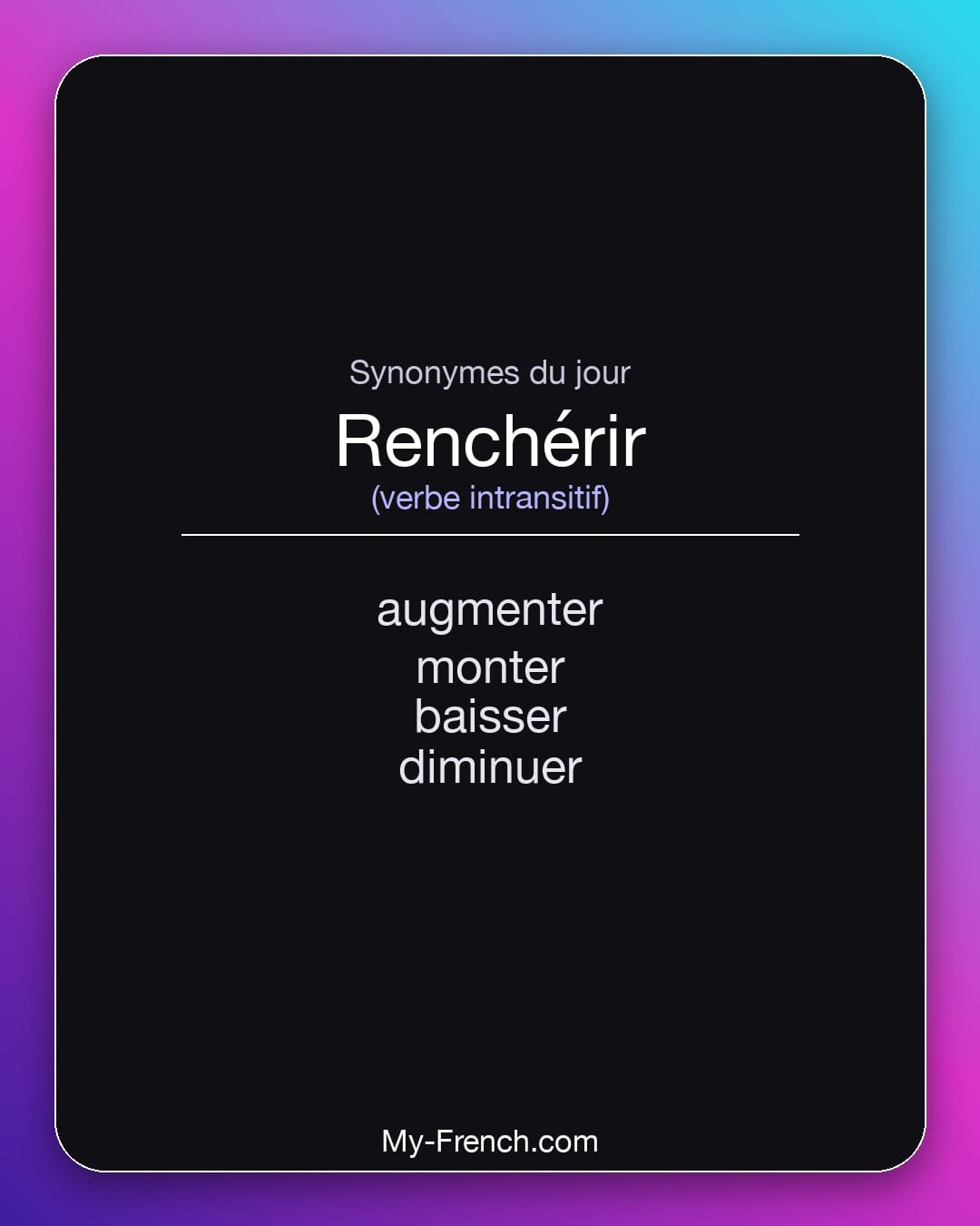 Synonymes de renchérir : augmenter, monter, baisser, diminuer