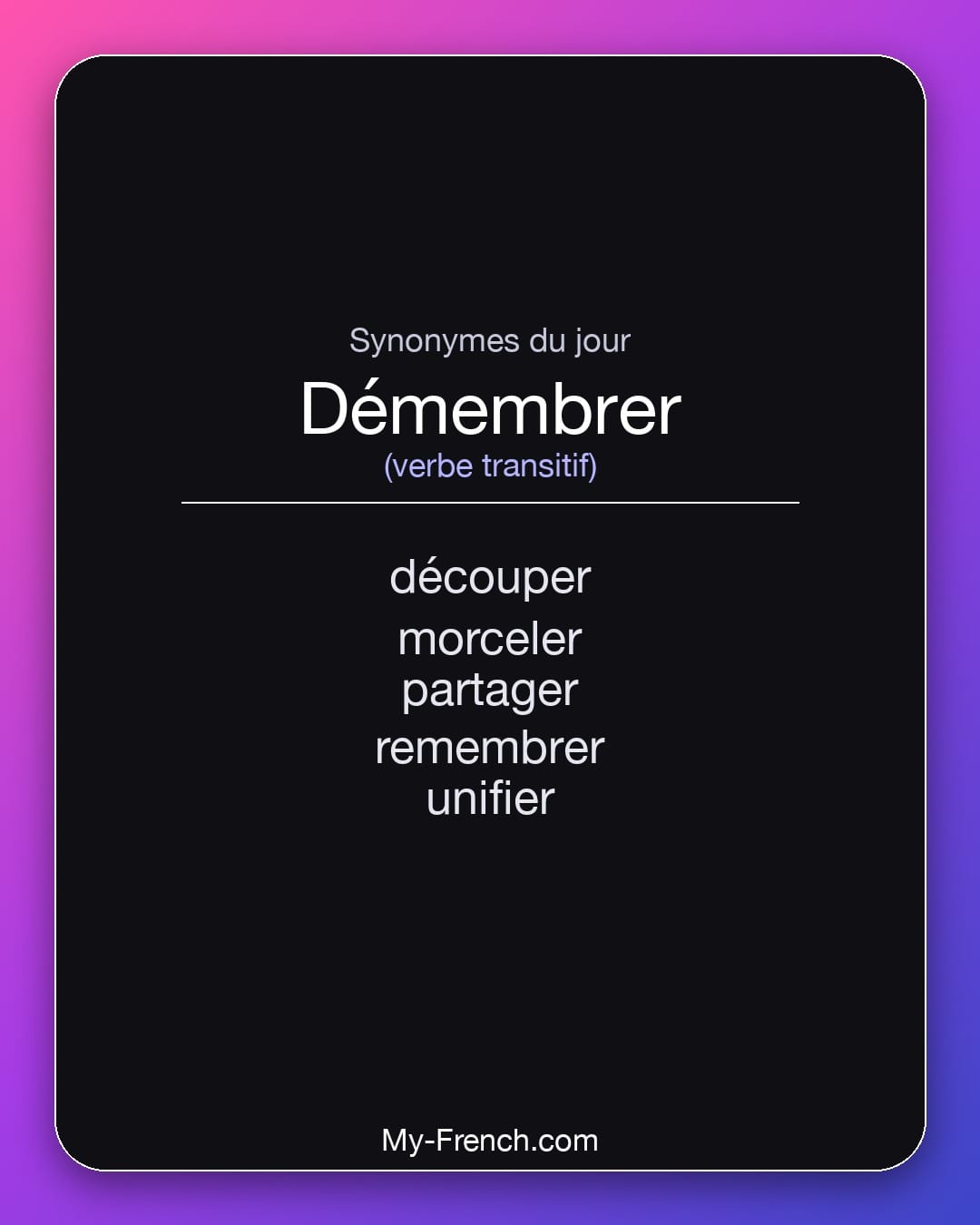 Synonymes de démembrer : découper, morceler, partager, remembrer, unifier