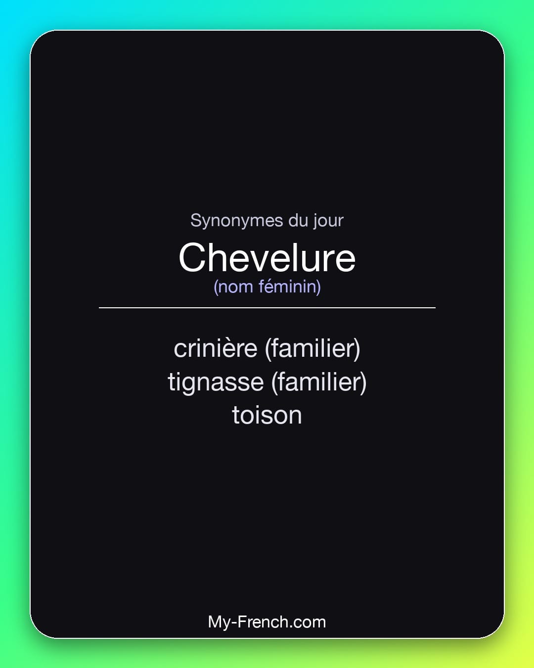 Synonymes de chevelure : crinière (familier), tignasse (familier), toison