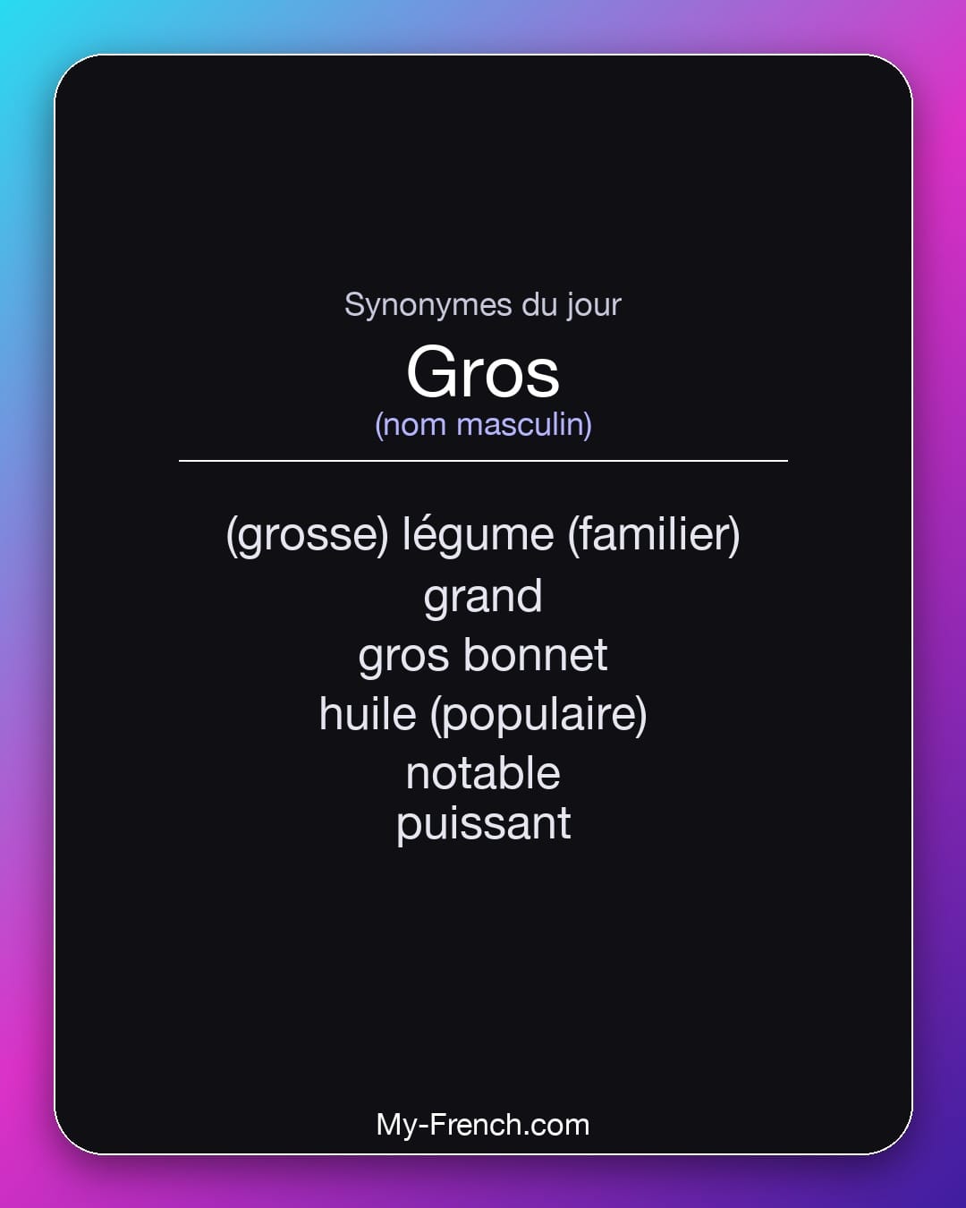 Synonymes de gros : (grosse) légume (familier), grand, gros bonnet, huile (populaire), notable, puissant