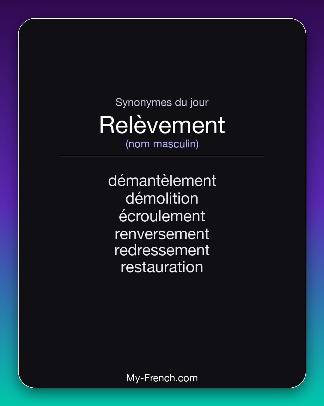 Synonymes de relèvement : démantèlement, démolition, écroulement, renversement, redressement, restauration