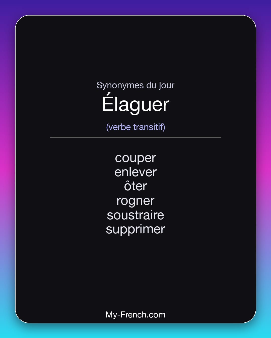 Synonymes de élaguer : couper, enlever, ôter, rogner, soustraire, supprimer