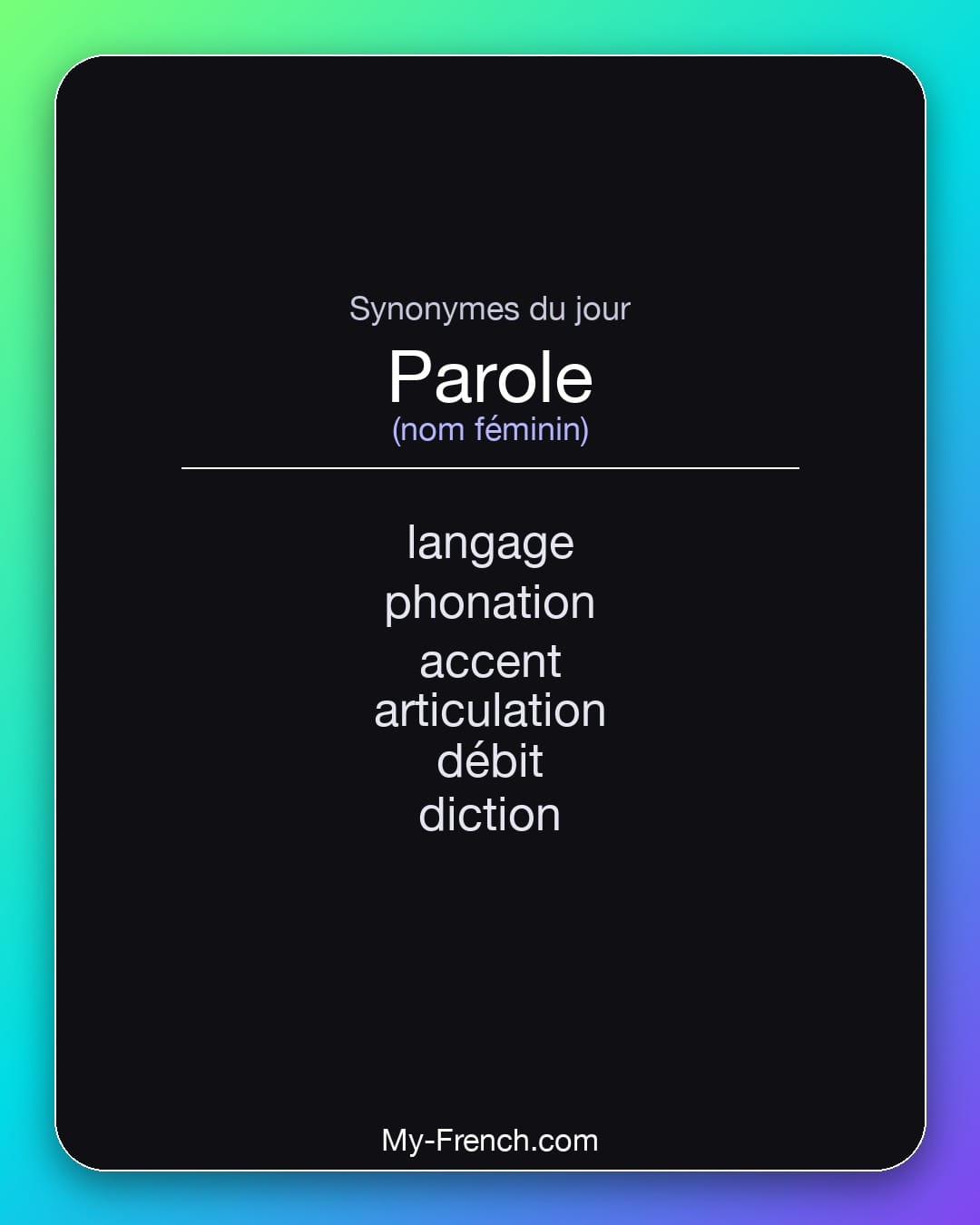 Synonymes de parole : langage, phonation, accent, articulation, débit, diction