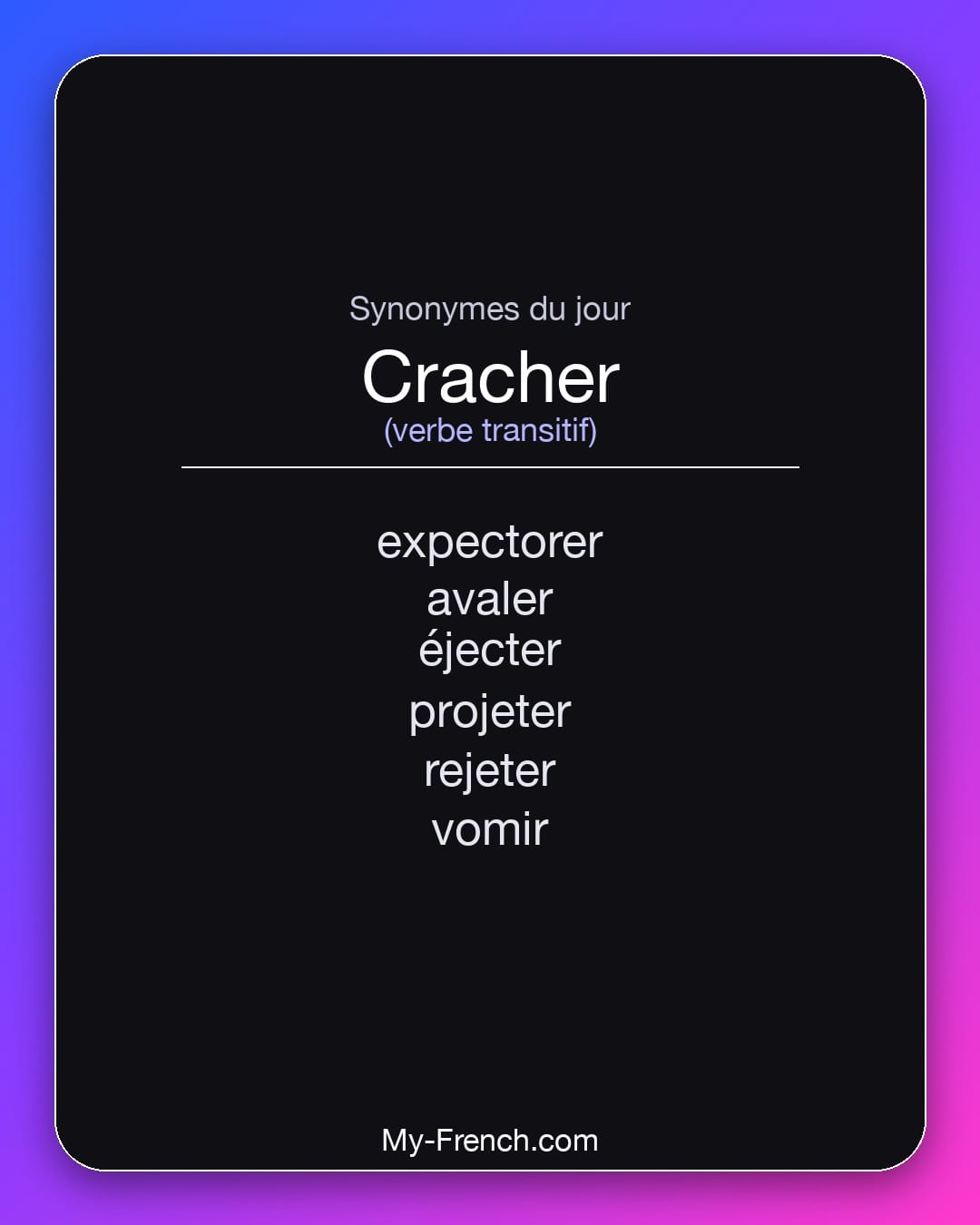 Synonymes de cracher : expectorer, avaler, éjecter, projeter, rejeter, vomir