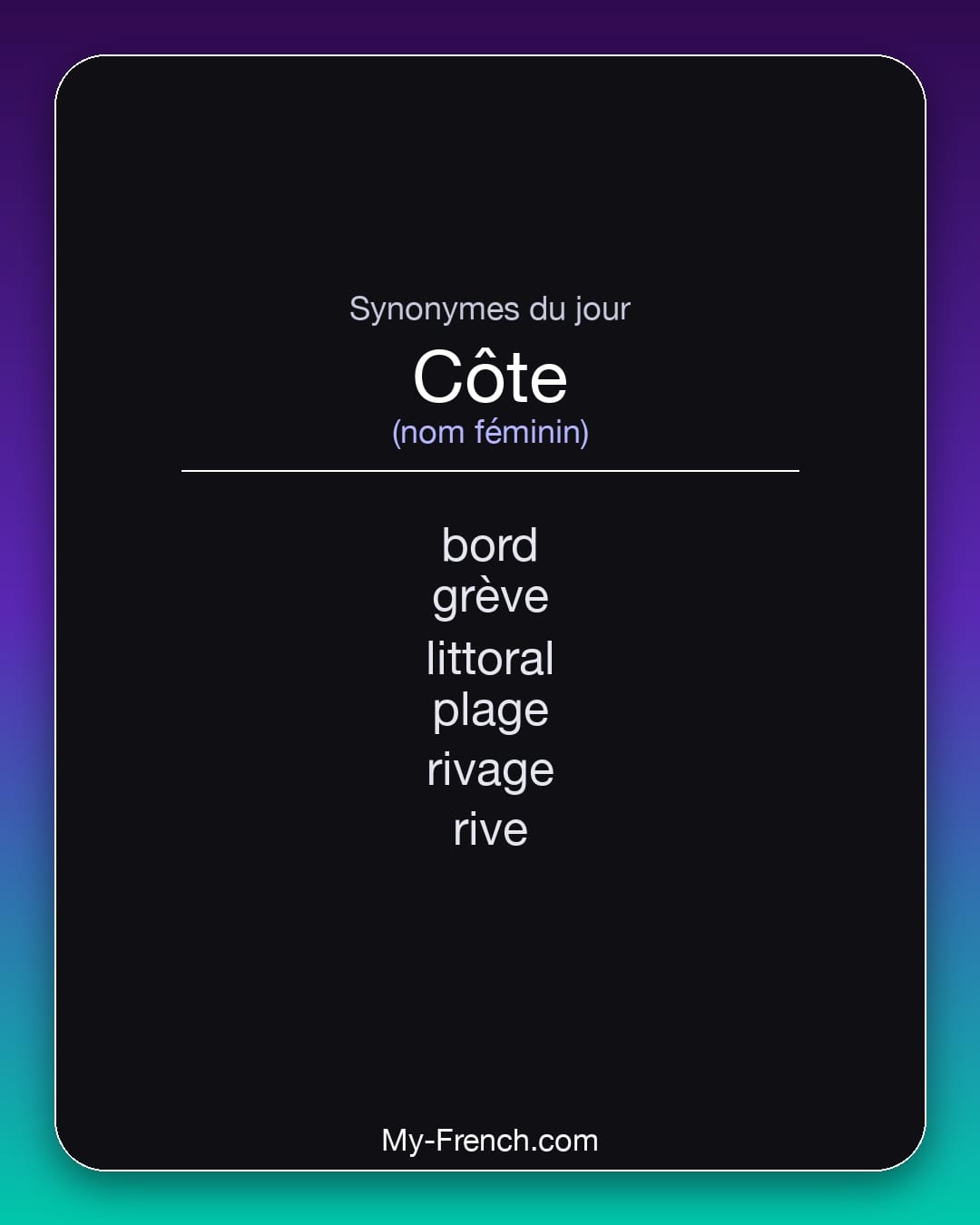 Synonymes de côte : bord, grève, littoral, plage, rivage, rive