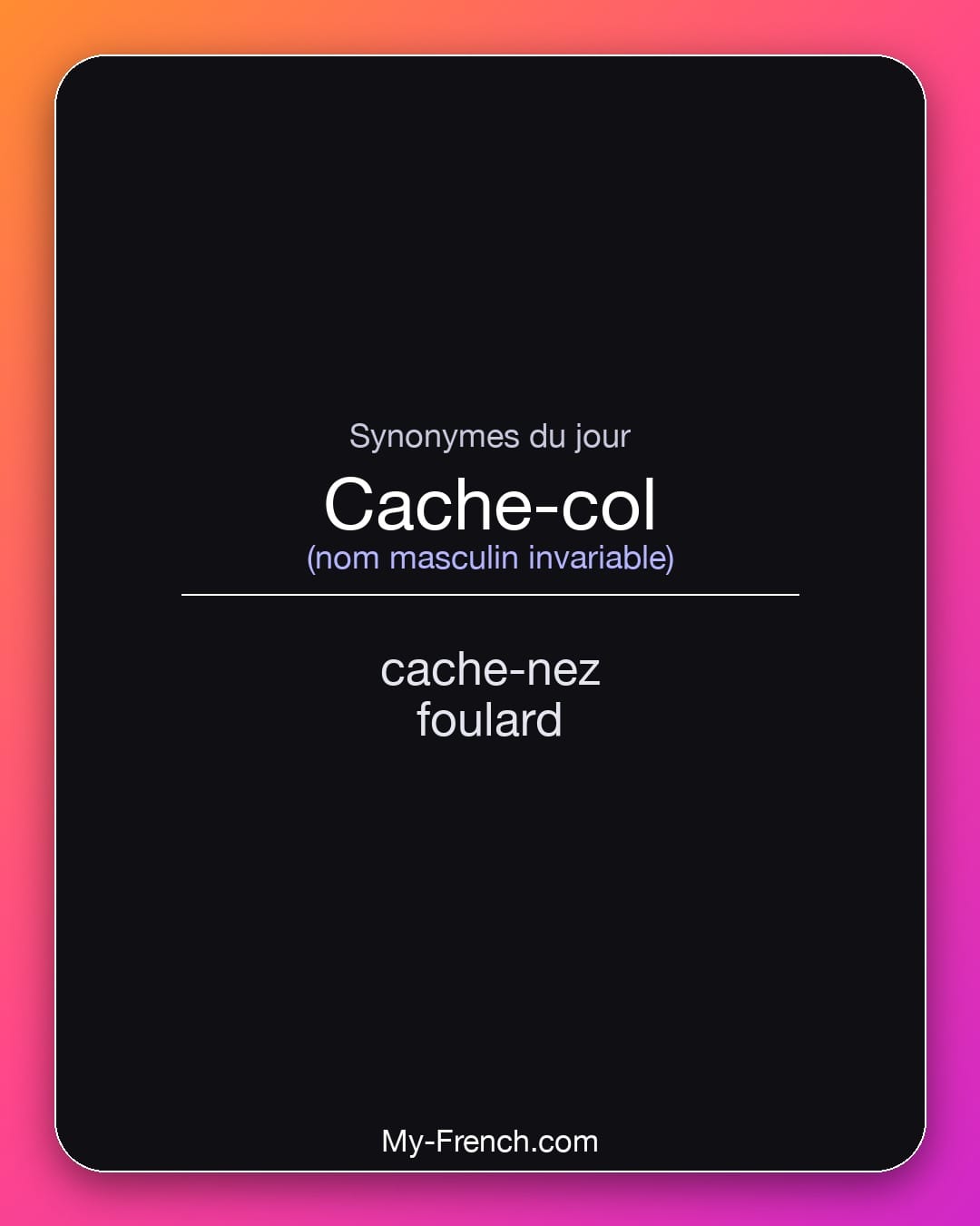Synonymes de cache-col : cache-nez, foulard