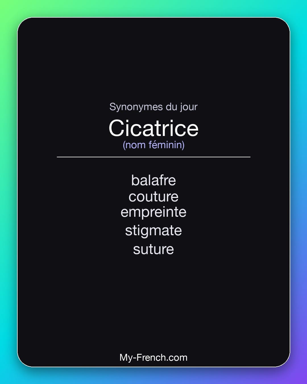 Synonymes de cicatrice : balafre, couture, empreinte, stigmate, suture