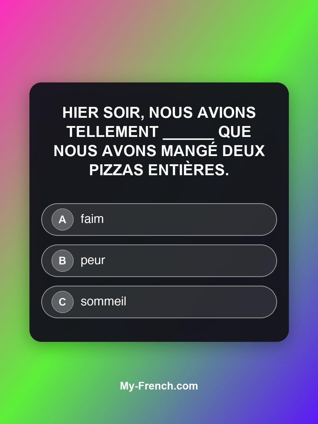 Quiz de français niveau B1 : Hier soir, nous avions tellement ______ que nous avons mangé deux pizzas entières.