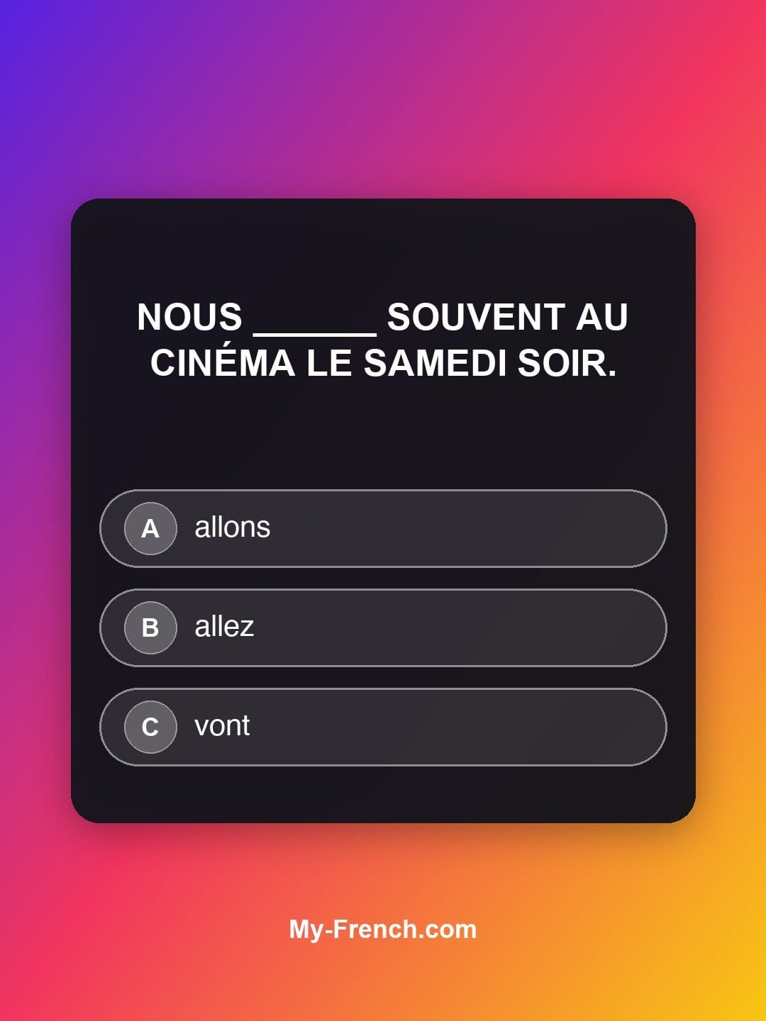 Quiz de français niveau B1 : Nous ______ souvent au cinéma le samedi soir.