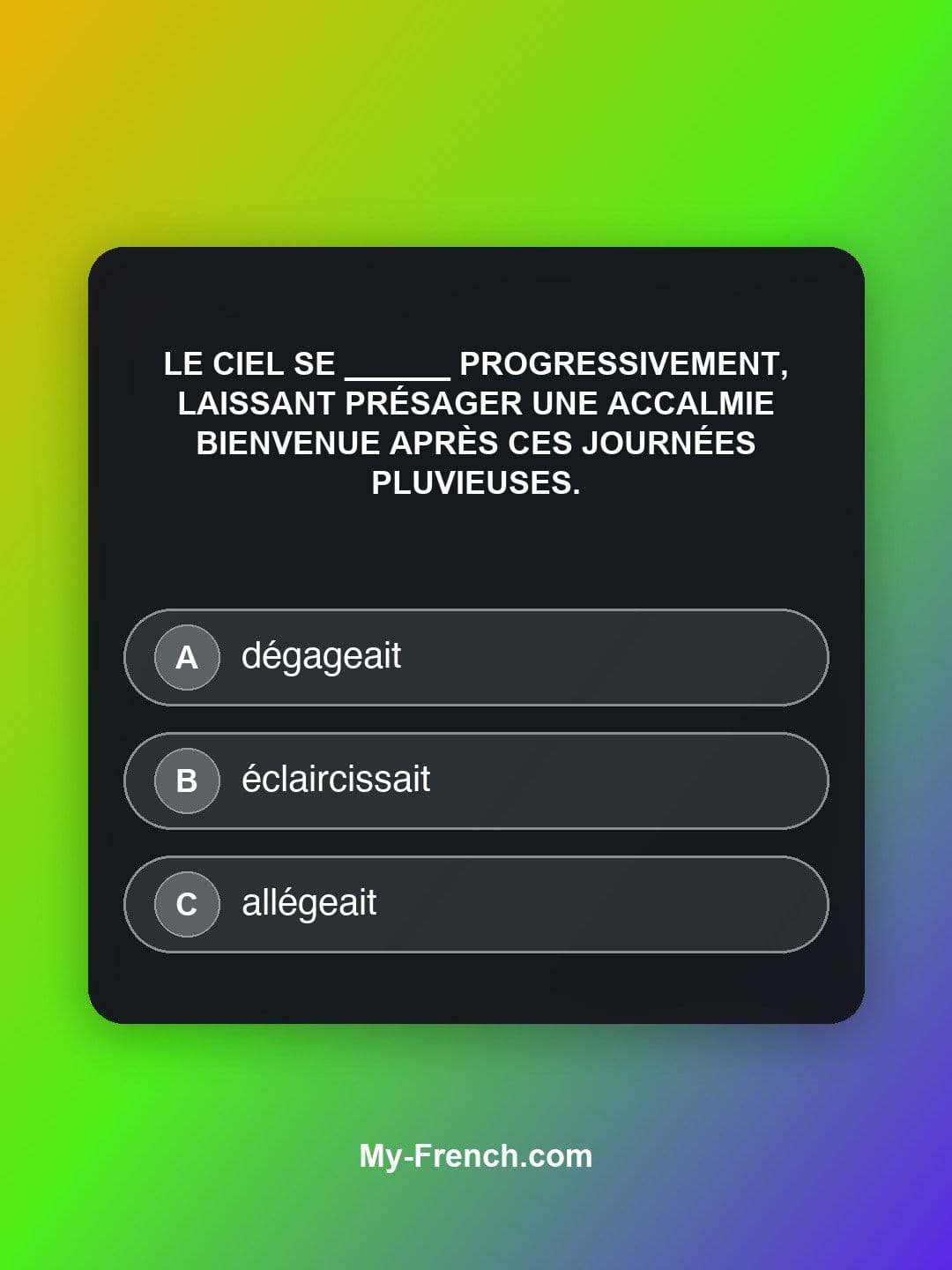 Quiz de français niveau C2 : Le ciel se ______ progressivement, laissant présager une accalmie bienvenue après ces journées pluvieuses.
