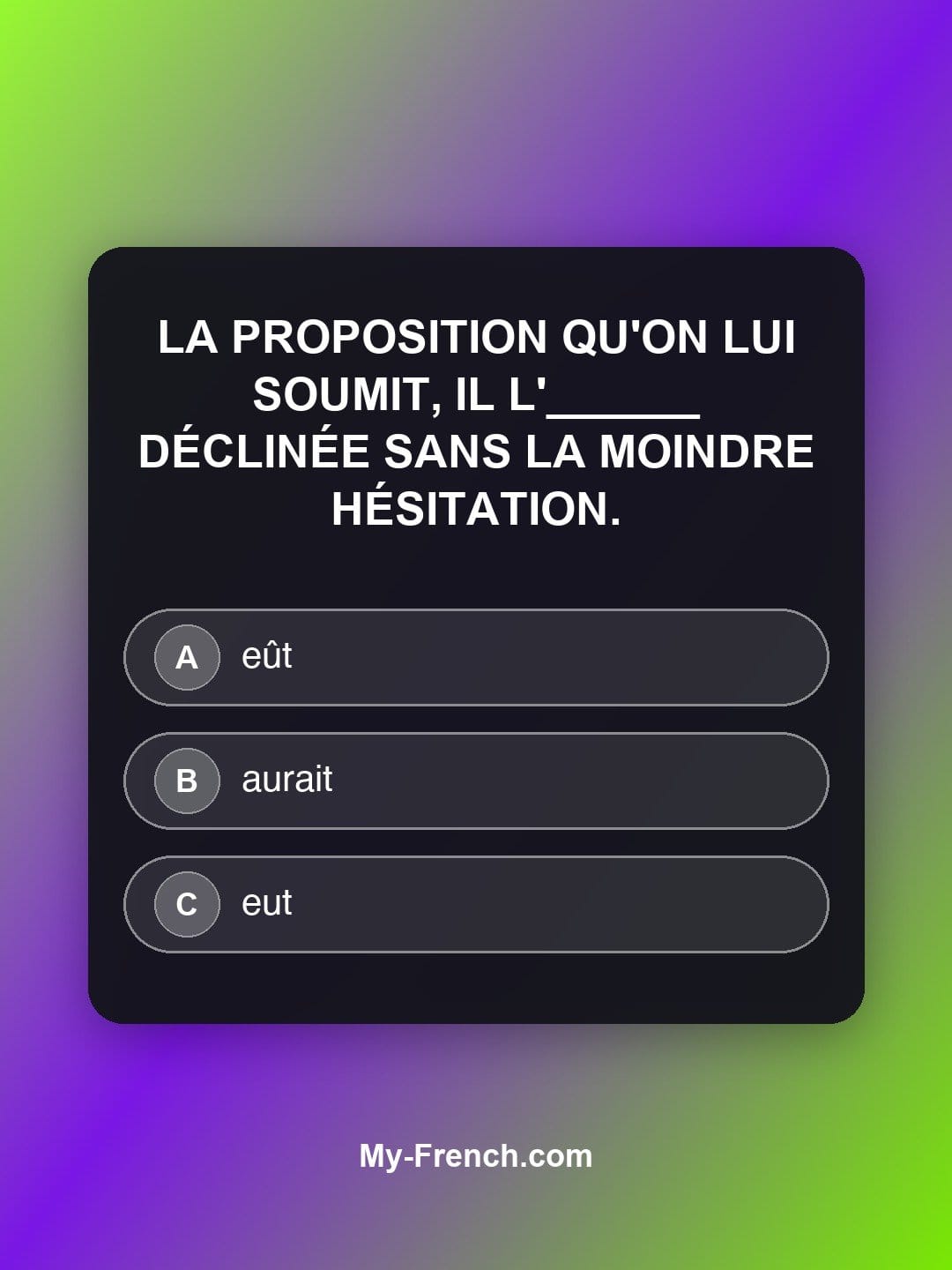 Quiz de français niveau C2 : La proposition qu'on lui soumit, il l'______ déclinée sans la moindre hésitation.