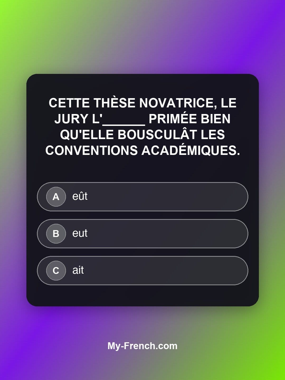 Quiz de français niveau C2 : Cette thèse novatrice, le jury l'______ primée bien qu'elle bousculât les conventions académiques.