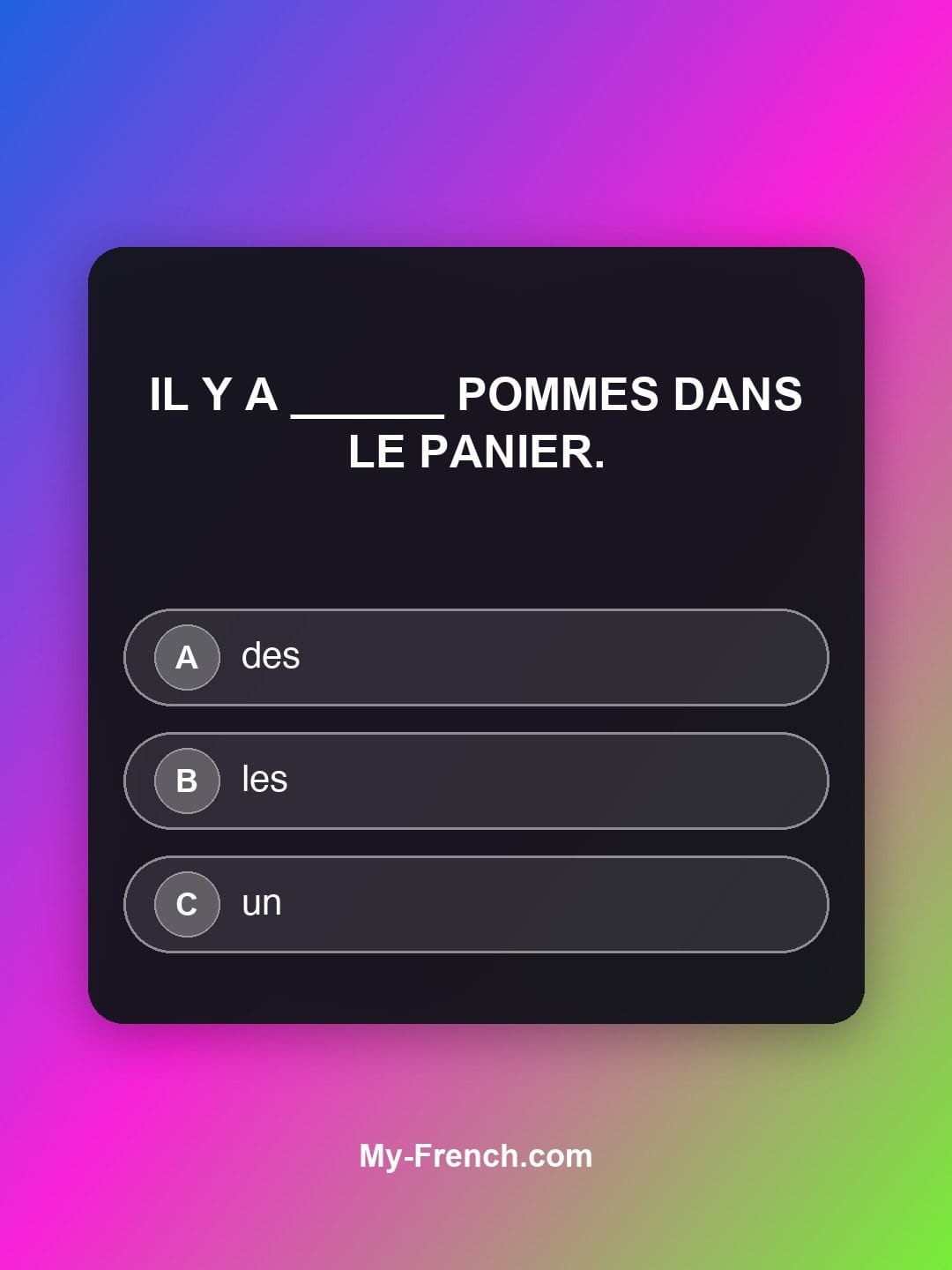 Quiz de français niveau A1 : Il y a ______ pommes dans le panier.