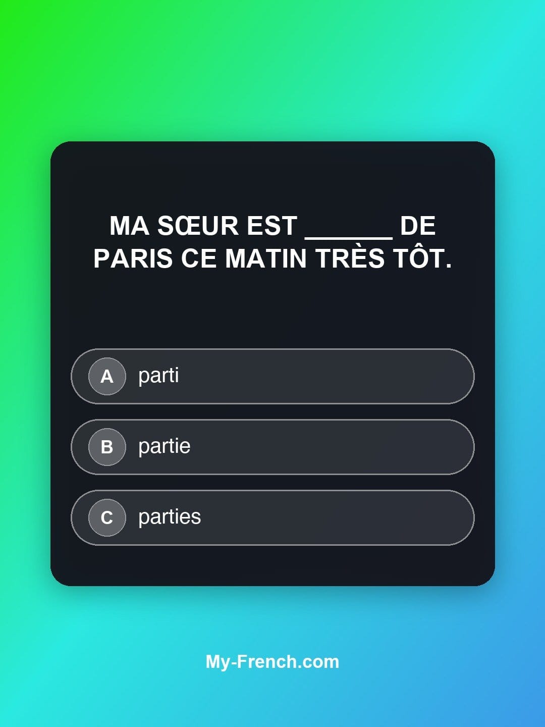 Quiz de français niveau B1 : Ma sœur est ______ de Paris ce matin très tôt.