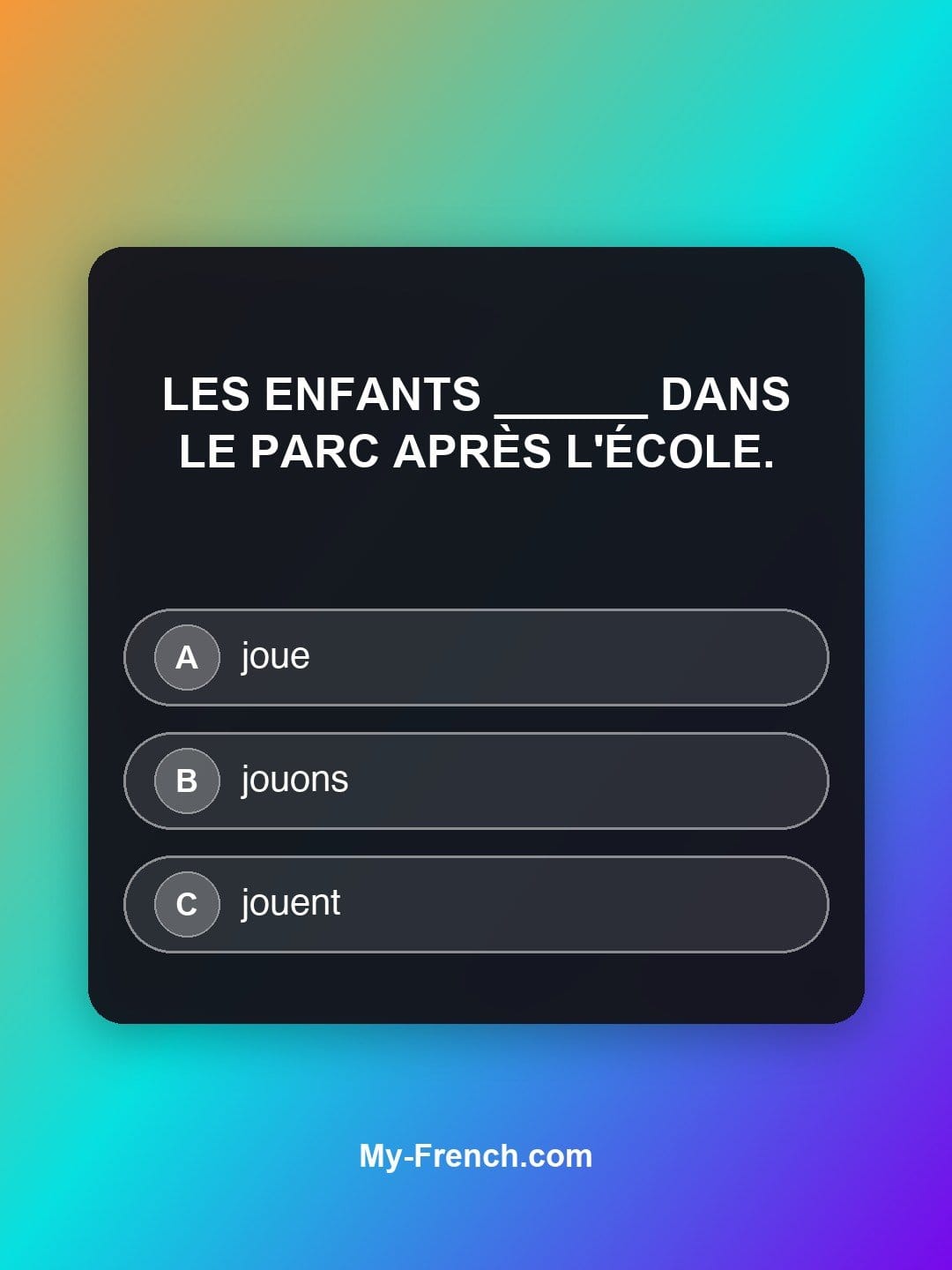 Quiz de français niveau A1 : Les enfants ______ dans le parc après l'école.