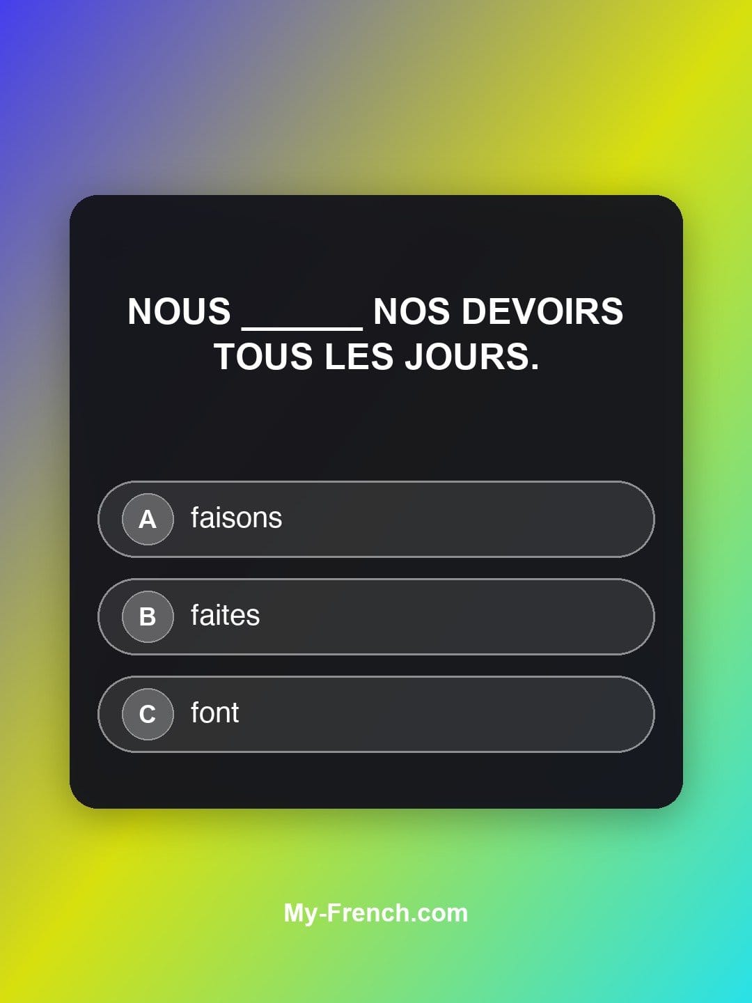 Quiz de français niveau A1 : Nous ______ nos devoirs tous les jours.