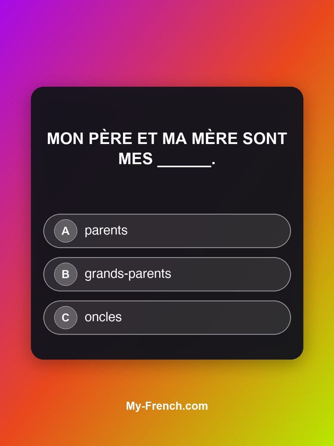 Quiz de français niveau A1 : Mon père et ma mère sont mes ______.