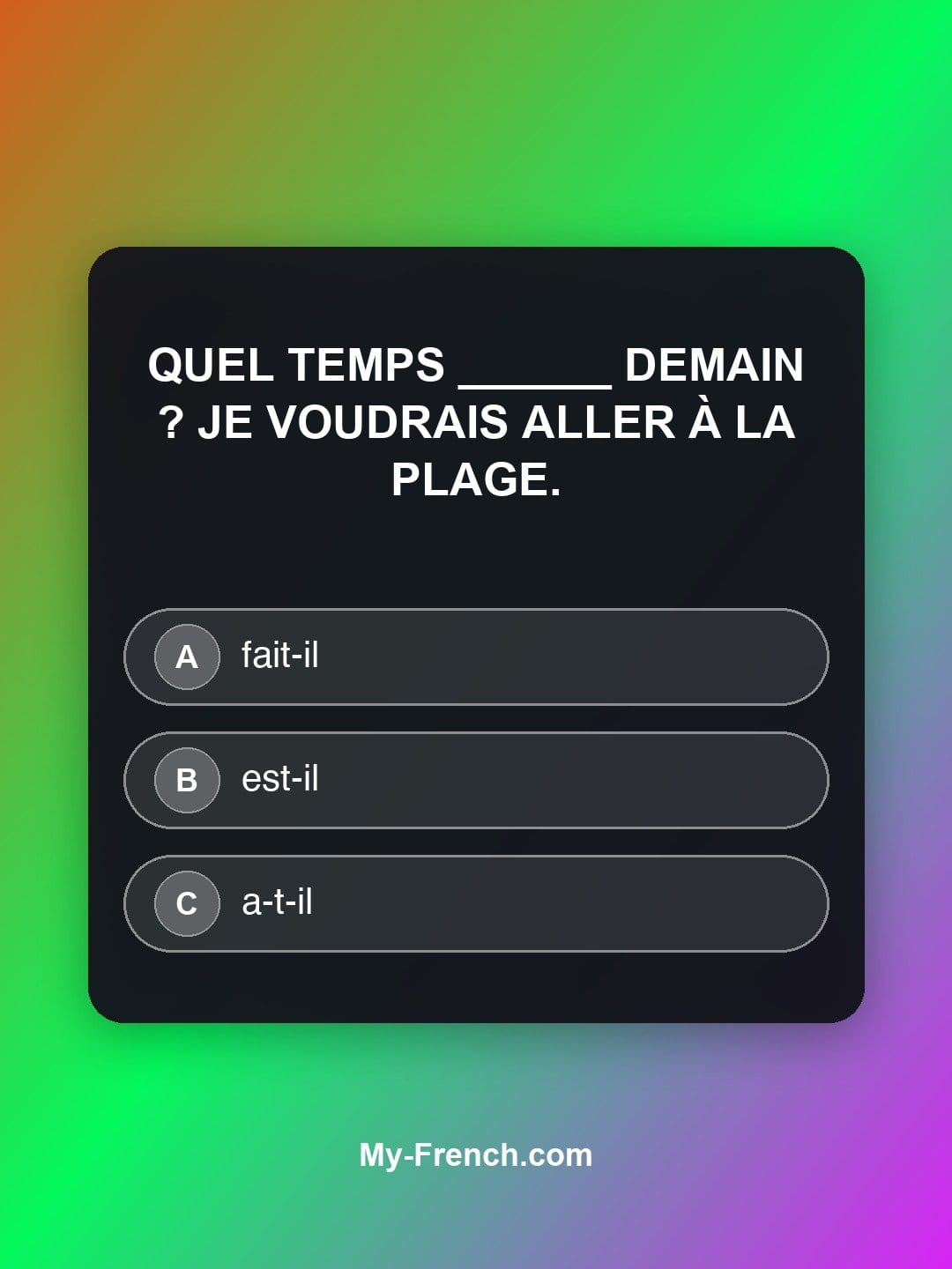 Quiz de français niveau A1 : Quel temps ______ demain ? Je voudrais aller à la plage.