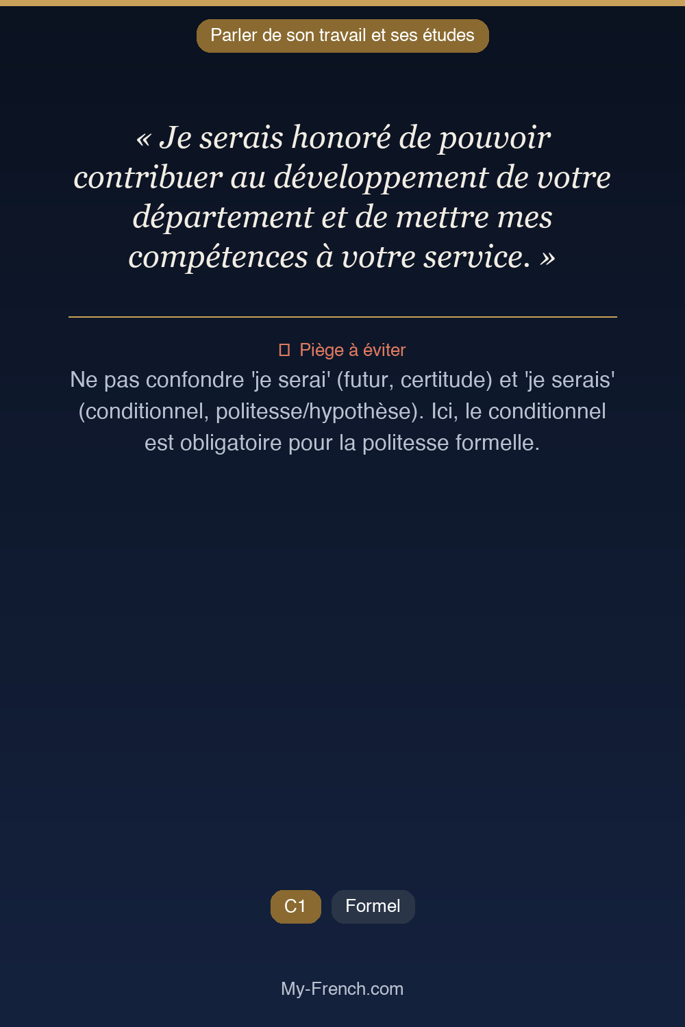 Phrase de français professionnel : Je serais honoré de pouvoir contribuer au développement de votre département et de mettre mes compétences à votre service.