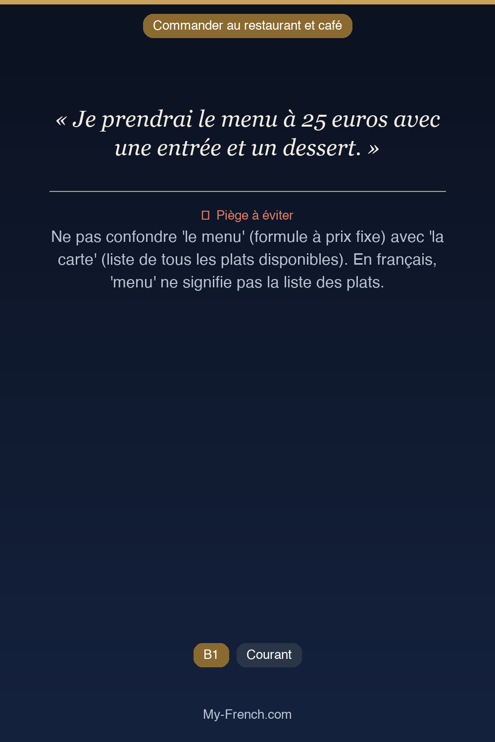Français des affaires : « Je prendrai le menu à 25 euros avec une entrée et un dessert. »