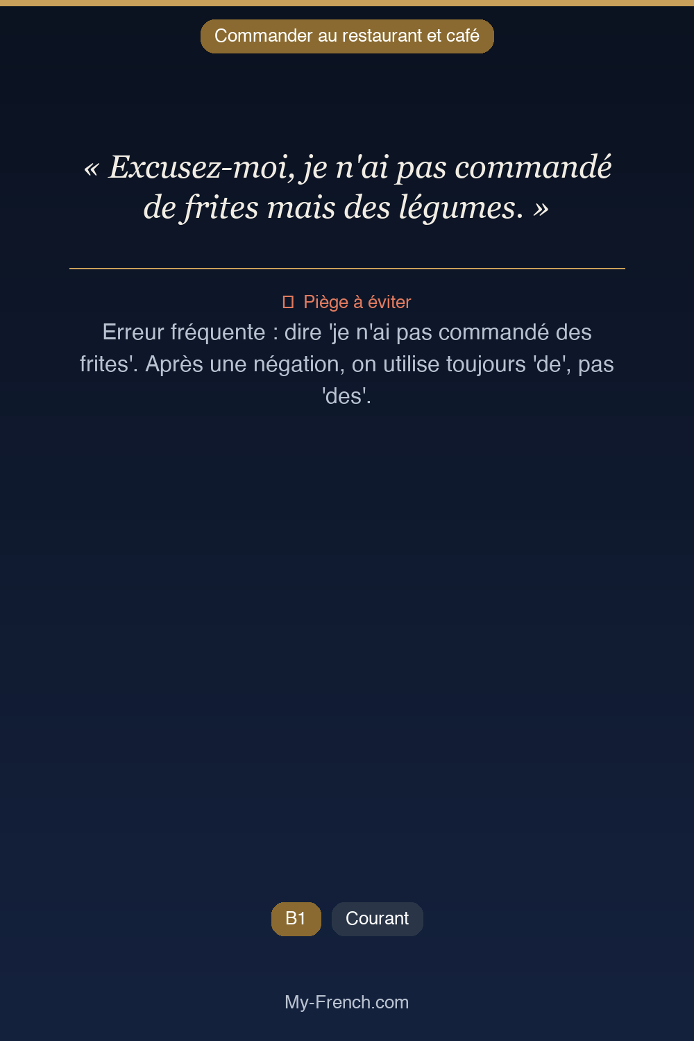Français des affaires : « Excusez-moi, je n'ai pas commandé de frites mais des légumes. »
