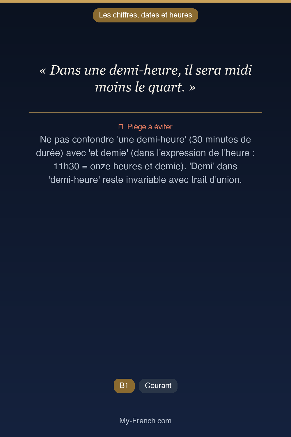 Français des affaires : « Dans une demi-heure, il sera midi moins le quart. »