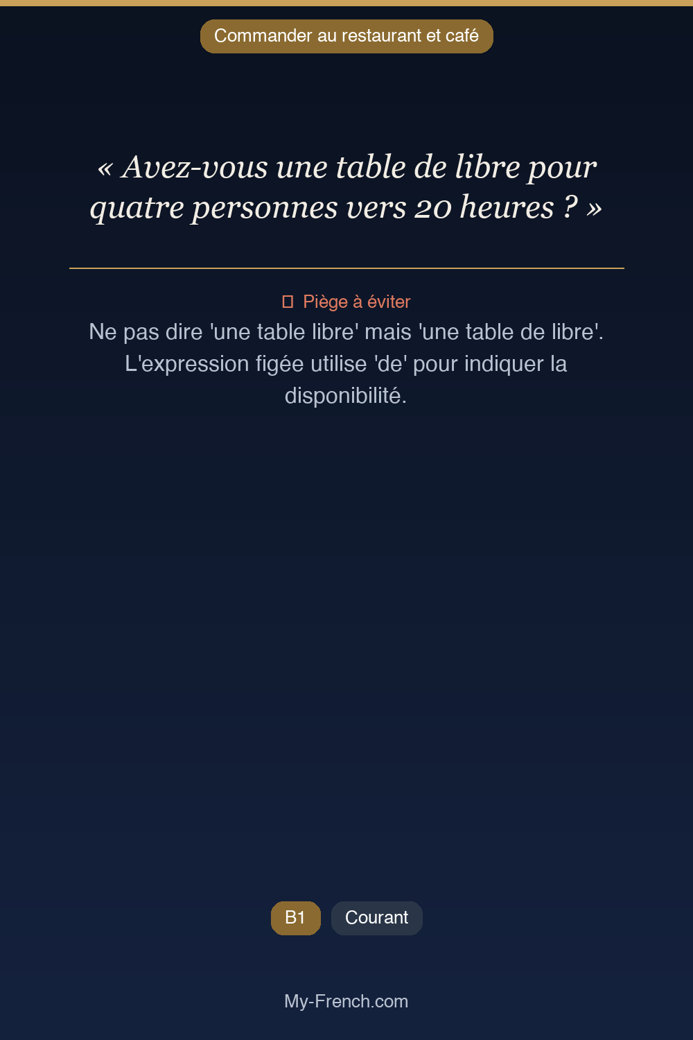 Français des affaires : « Avez-vous une table de libre pour quatre personnes vers 20 heures ? »