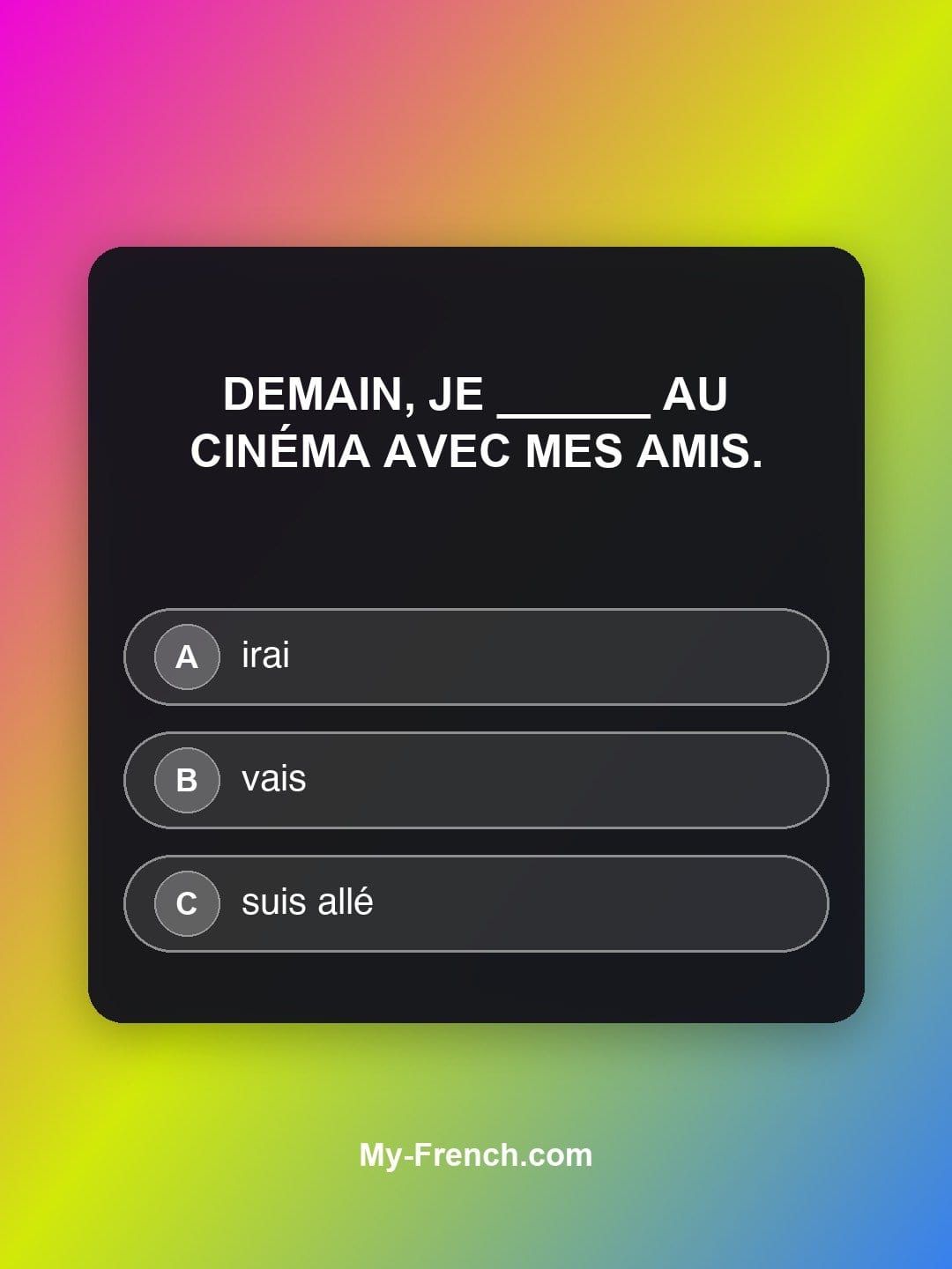 Quiz de français — Niveau A2 : Demain, je ______ au cinéma avec mes amis.