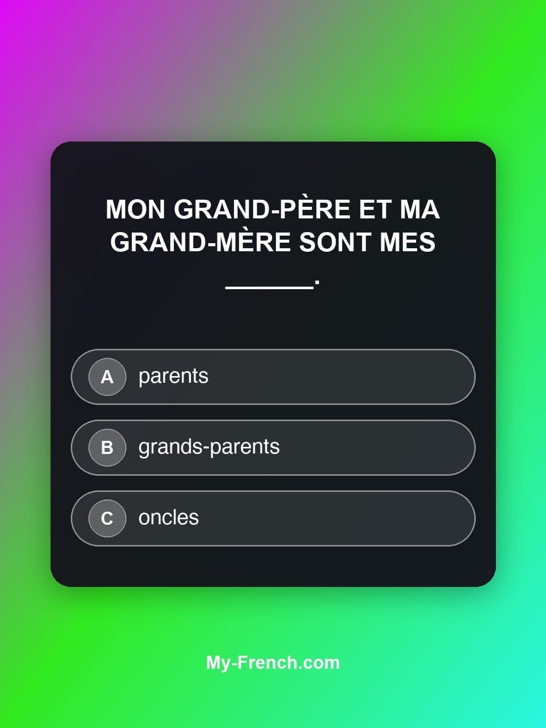 Quiz de français — Niveau A2 : Mon grand-père et ma grand-mère sont mes ______.