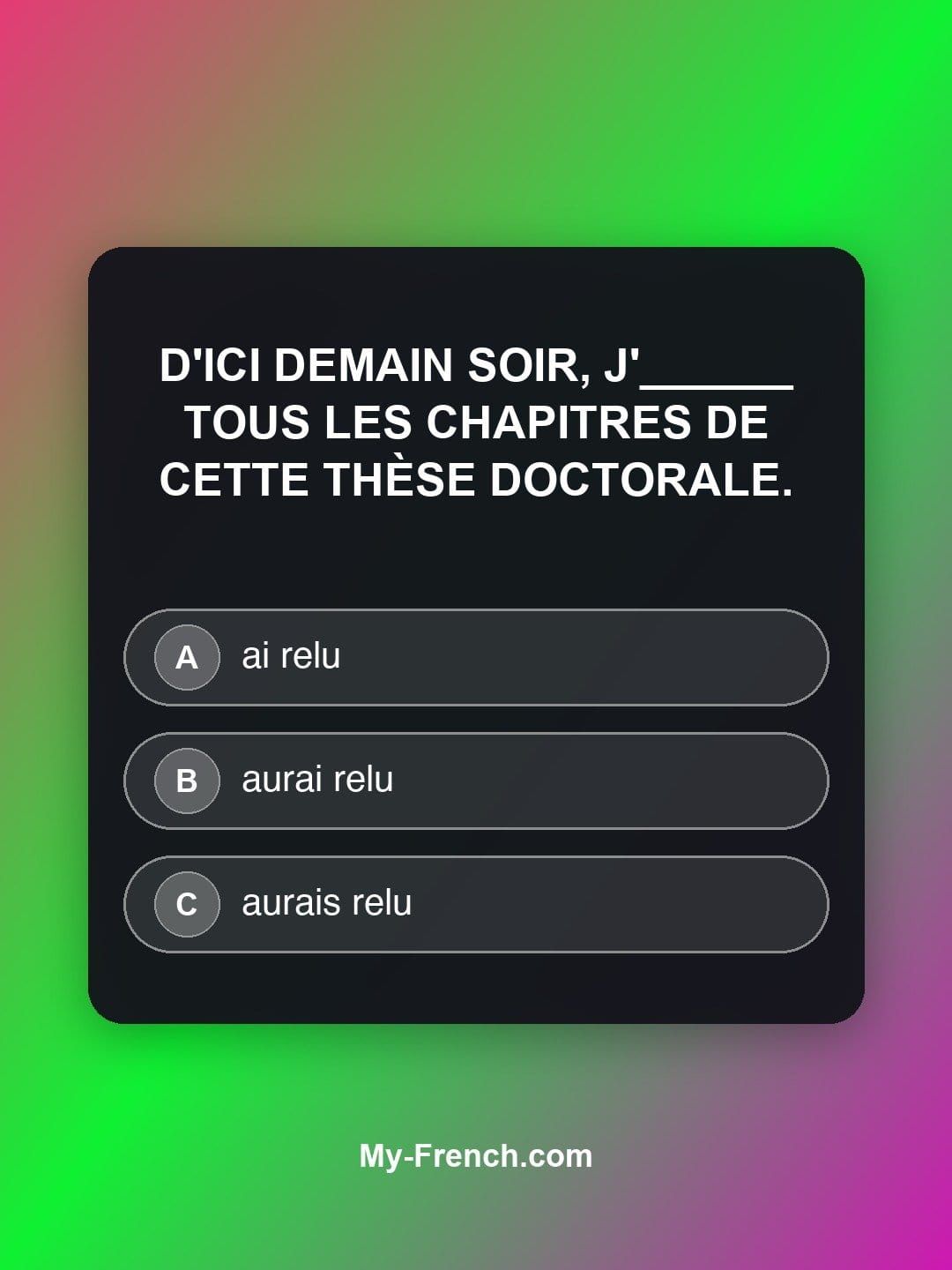 Quiz de français — Niveau C1 : D'ici demain soir, j'______ tous les chapitres de cette thèse doctoral