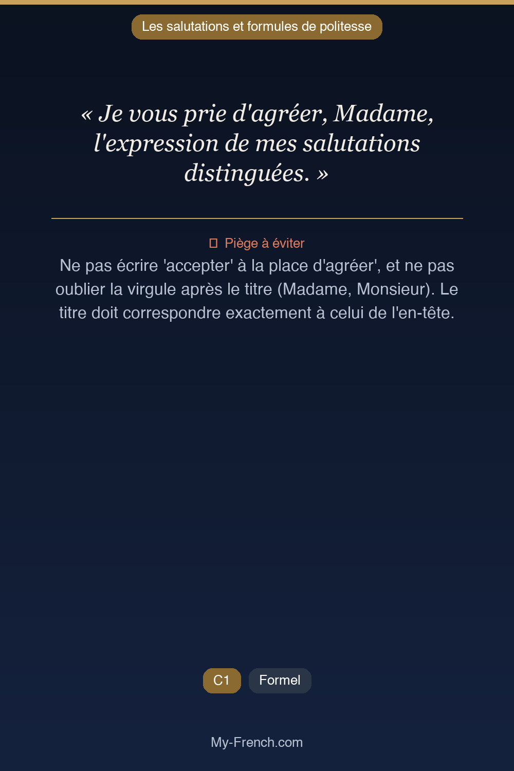 Français des affaires : « Je vous prie d'agréer, Madame, l'expression de mes salutations disting »